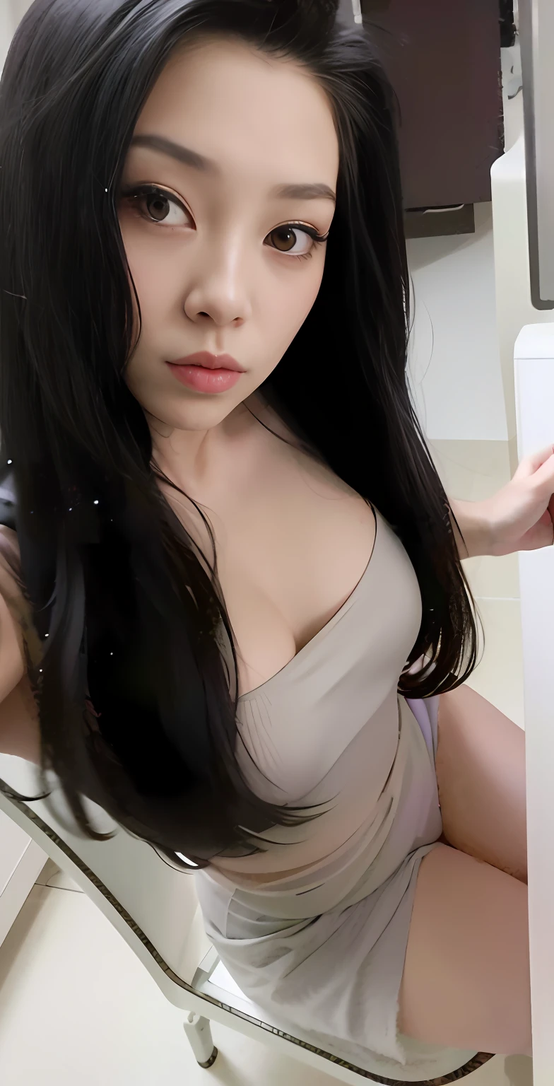 An Araki woman with long black hair sits on the toilet, Korean girl, 2 , 2 7 years old8 years old, 2 3 yearsars old, 2 9 yee boob, beautiful Korean wome old, cleavage, Asian girl, Korean woman