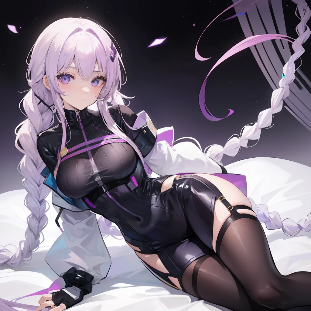 light violet hair,Twist braids,She wore a tight flight suit decorated with gold, Black and white,Over-the-knee black stockings,She is a beautiful girl,Looks good