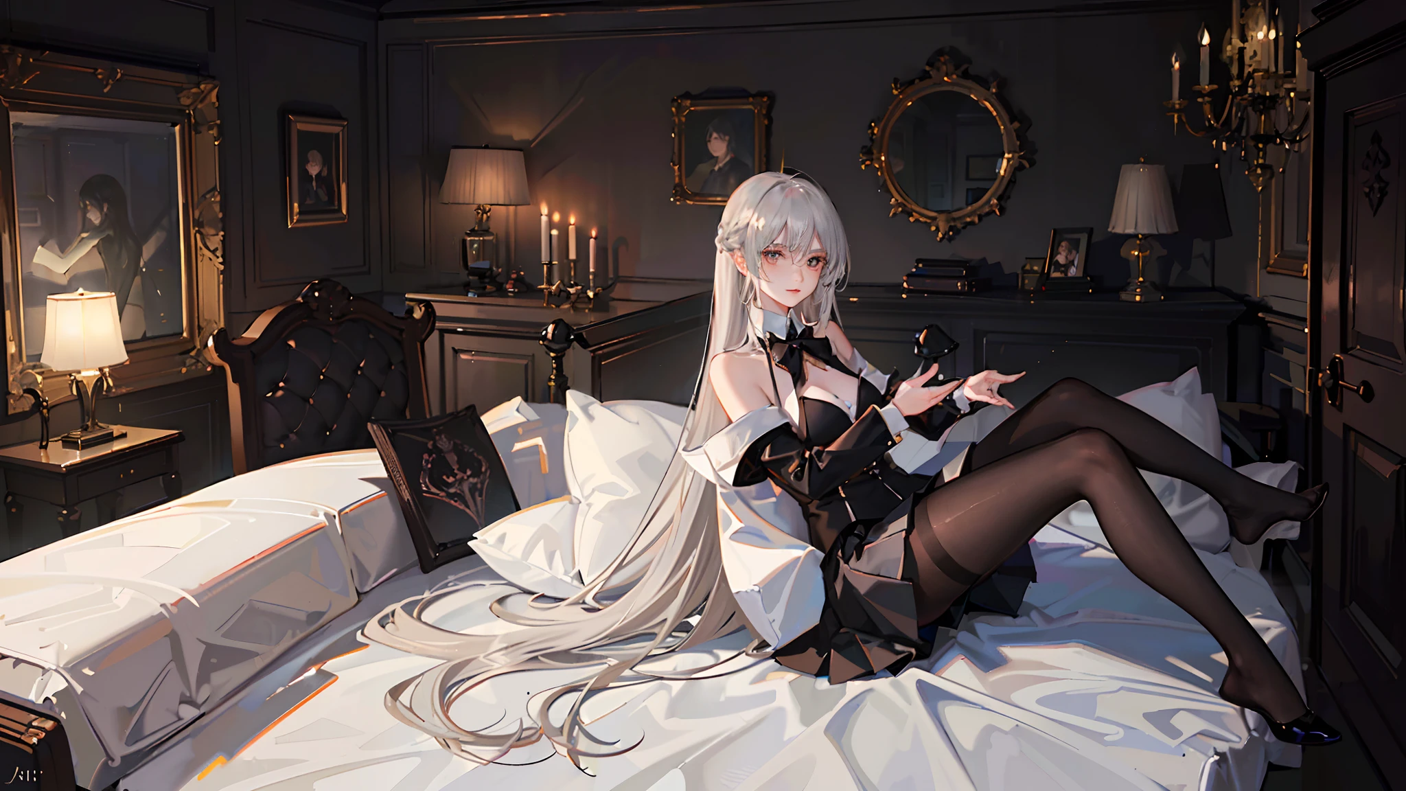 Gothic style red wall，Black pillow，red long skirt，[Red bedroom:3]，Black sheets correct for the limbs，Short shoulder-length white hair，waxy candles，Red bedroom，Black bed，Natural light，窗帘，Ambient(((Half naked anime girl lying on sofa undressing with her hands，，Hands on the upper and lower legs of the naked body，black uniforms，black reotard，Primetime light and shadow black pantyhose)),Ray tracing,(Dim lighting，luz de velas，waxy candles),[Detailed background (Bedroom)),((Silver hair)),((Dark hair)),(((Fluffy silver hair, plump and slender girl)))golden hair，Golden Eyes Avoid seeing golden eyes in an ominous bedroom ((((Girl in white shirt, Take off your black crinkled skirt，Prime hour light and shadow，