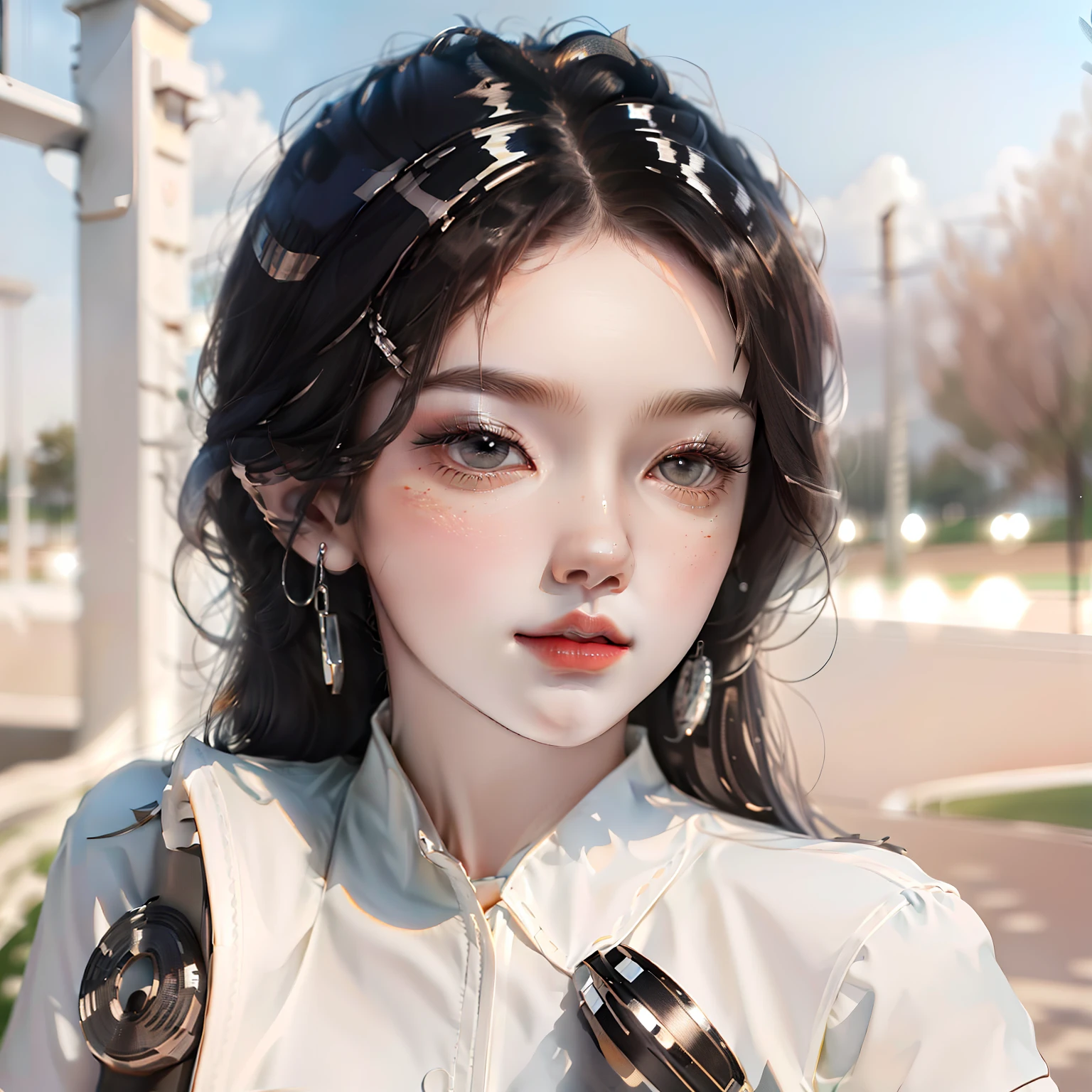 1girl, 独奏, White polo shirt, White sneakers, tennis wear, white mini-skirt, tmasterpiece, Best quality at best, realisticlying, ultra - detailed, (shiny skins, perspired:1.4), absurderes, looking at viewert, with short black hair, with brown eye,slenderness,Dynamic light and shadow,A high resolution,Sharp focus,depth of fields,The eyes are delicate,Sharp pupils,pupil realistic,Bigchest,exteriors,Skysky