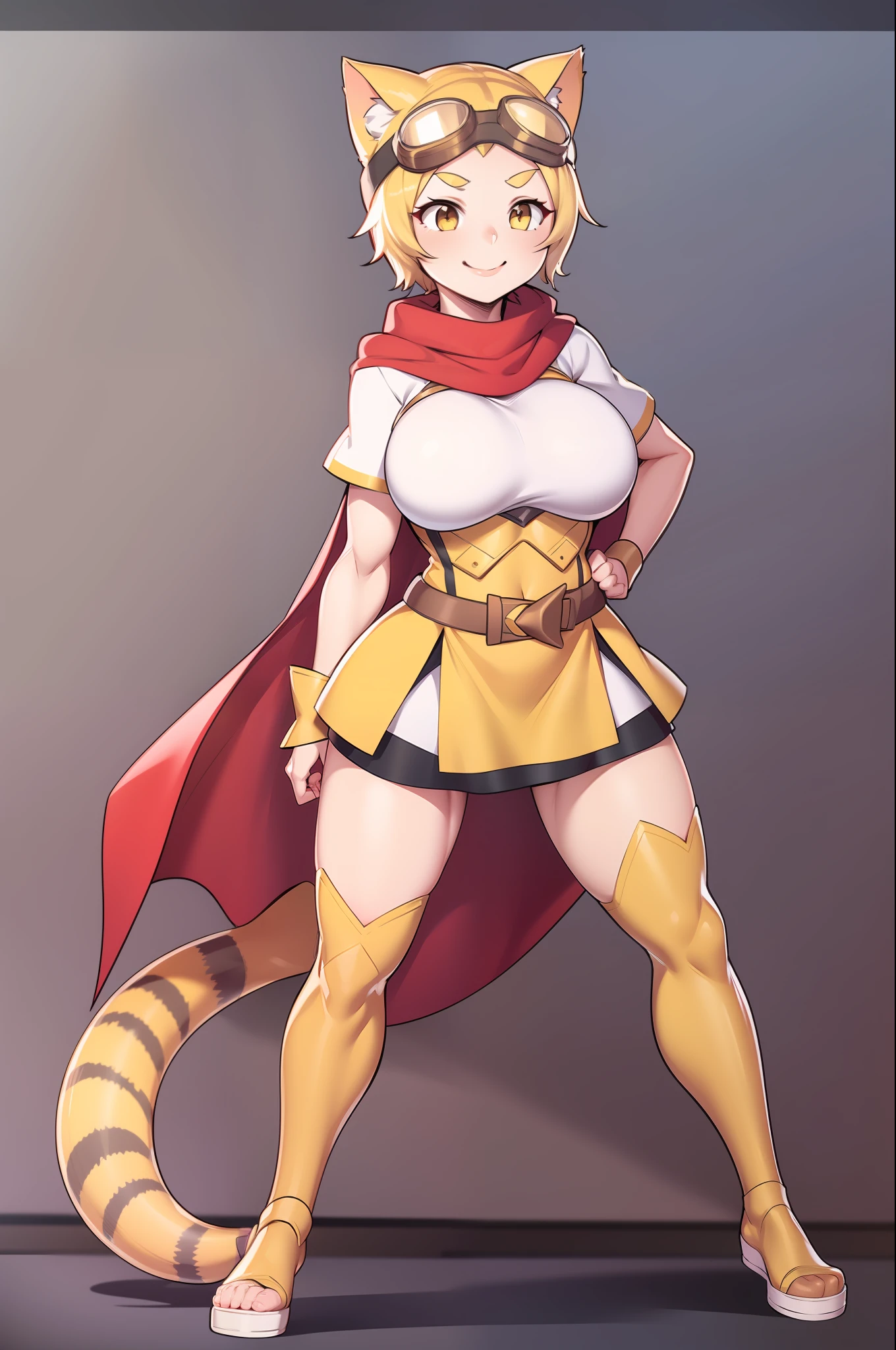 1girl, iron breastplate, short sleeves, white dress skirt, red cape, black leggings, cat ear hat, goggles, blond hair, short hair, yellow belt, tail growing teru, young girl, cute smile, high quality,huge breast, curvy, flipflops, full body