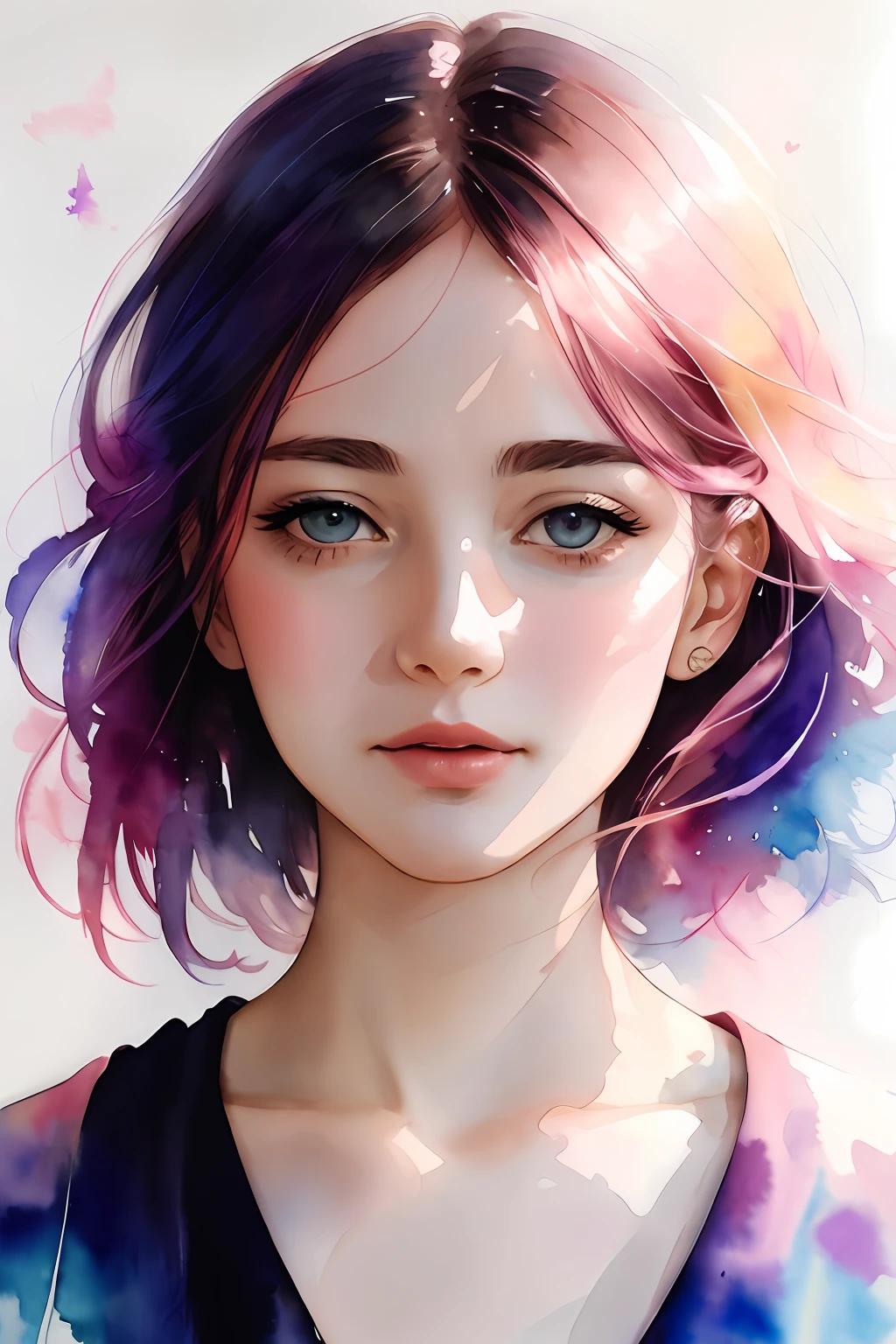 (8k, best quality, masterpiece:1.2),(best quality:1.0), (ultra highres:1.0), watercolor, a beautiful woman, shoulder, hair ribbons, by agnes cecile, half body portrait, extremely luminous bright design, pastel colors, (ink:1.3), autumn lights,