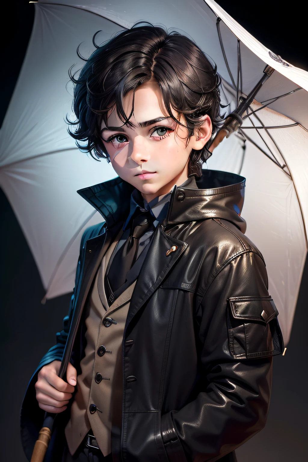 Create a character, a 9 year old boy, with dark hair, light eyes and an umbrella, this one must be different, because he is magical.