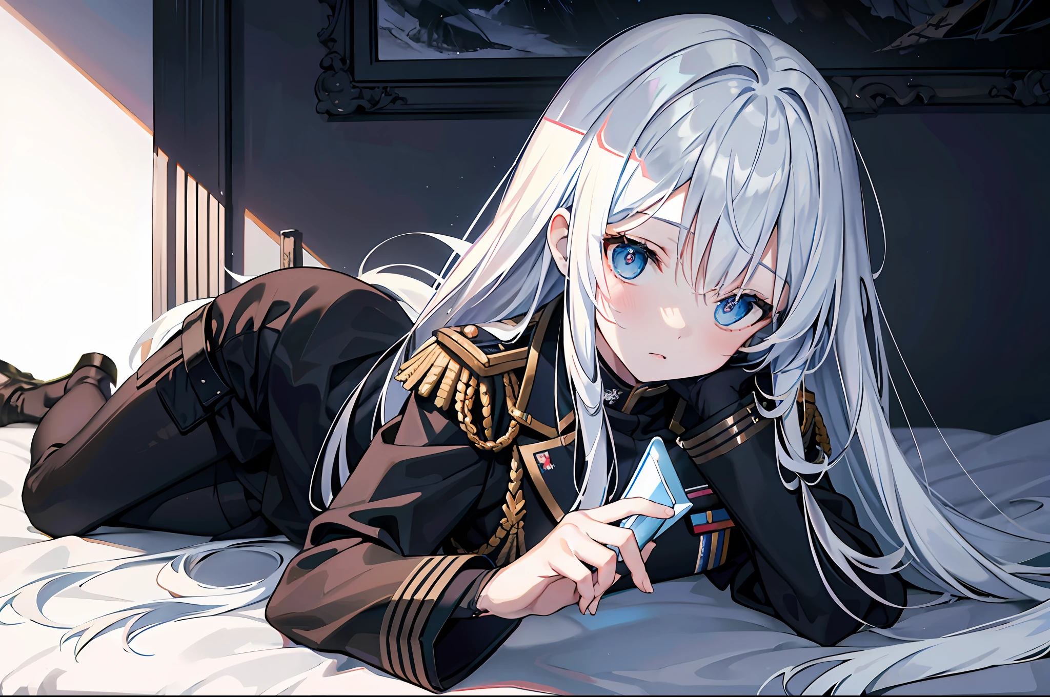 Hyper-detailing,A high resolution,best qualtiy,8k wallpaper,Black military uniform,,Blue pupil,Long white hair,Perfectcomposition,Soft hair,Majesty,expressiveless,black glove