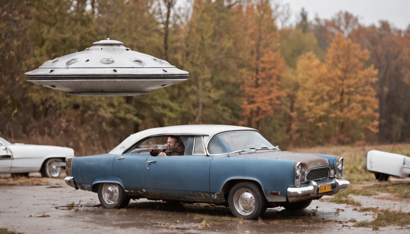 A man washes a flying saucer, autumn, november, UFOs at the car wash