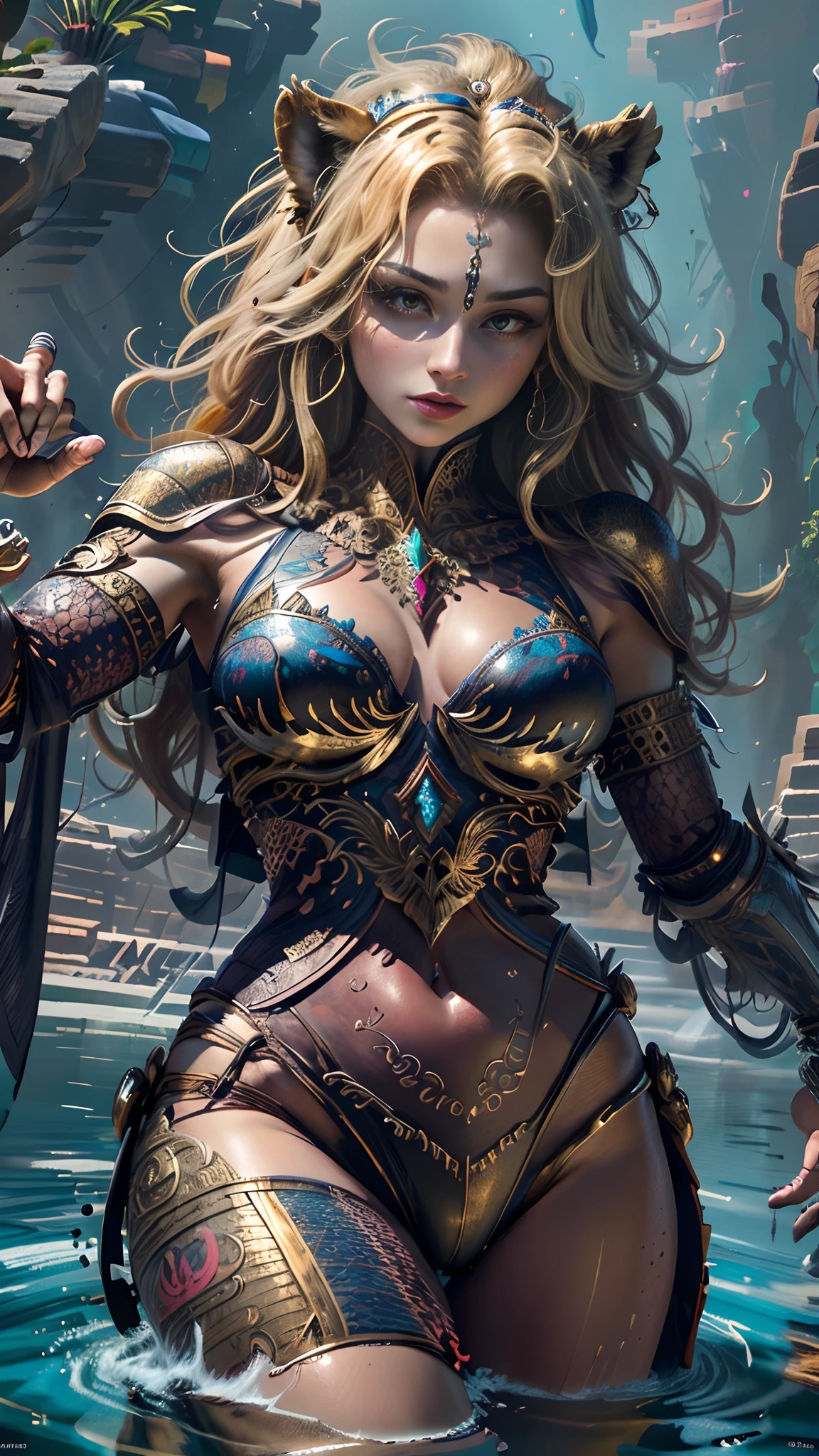 Tips: (Masterpiece), in full gold Knight armor, Top Quality, Expressive Eyes, Perfect Face, Red skin, Scales on Legs and Arms, Lion woman, water magic, Palm spell spell, 8k_wallpaper, highly detailed eyes, highly body detailed, very detailed finger, (major masterpiece digital art), (detailed manga illustration), (detailed line art), (perfect)) anatomy, best hand)), (intricate detail: 1.3), (very detailed: 1.3 ), (illustration :1.3), (sharp focus:1.3), (natural light:1.05), (bright color:1.3),
