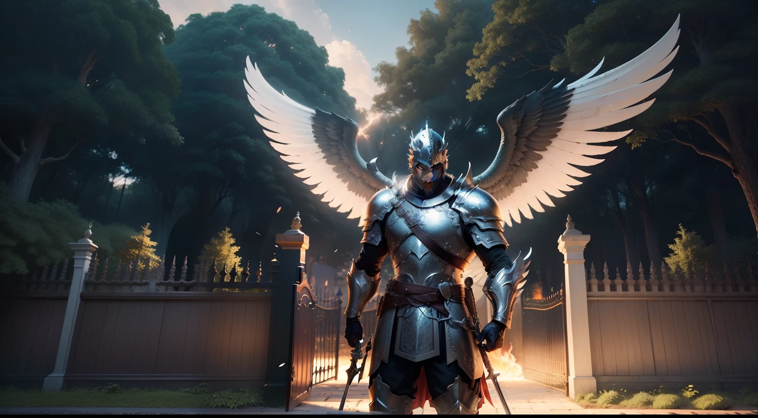 (Anjo homem forte com asas grande segurando uma espada de fogo) (facing a large gate all lit up) (in a garden full of trees) (It has no construction) (anjo grande) (anjo com armadura e espada com fogo)