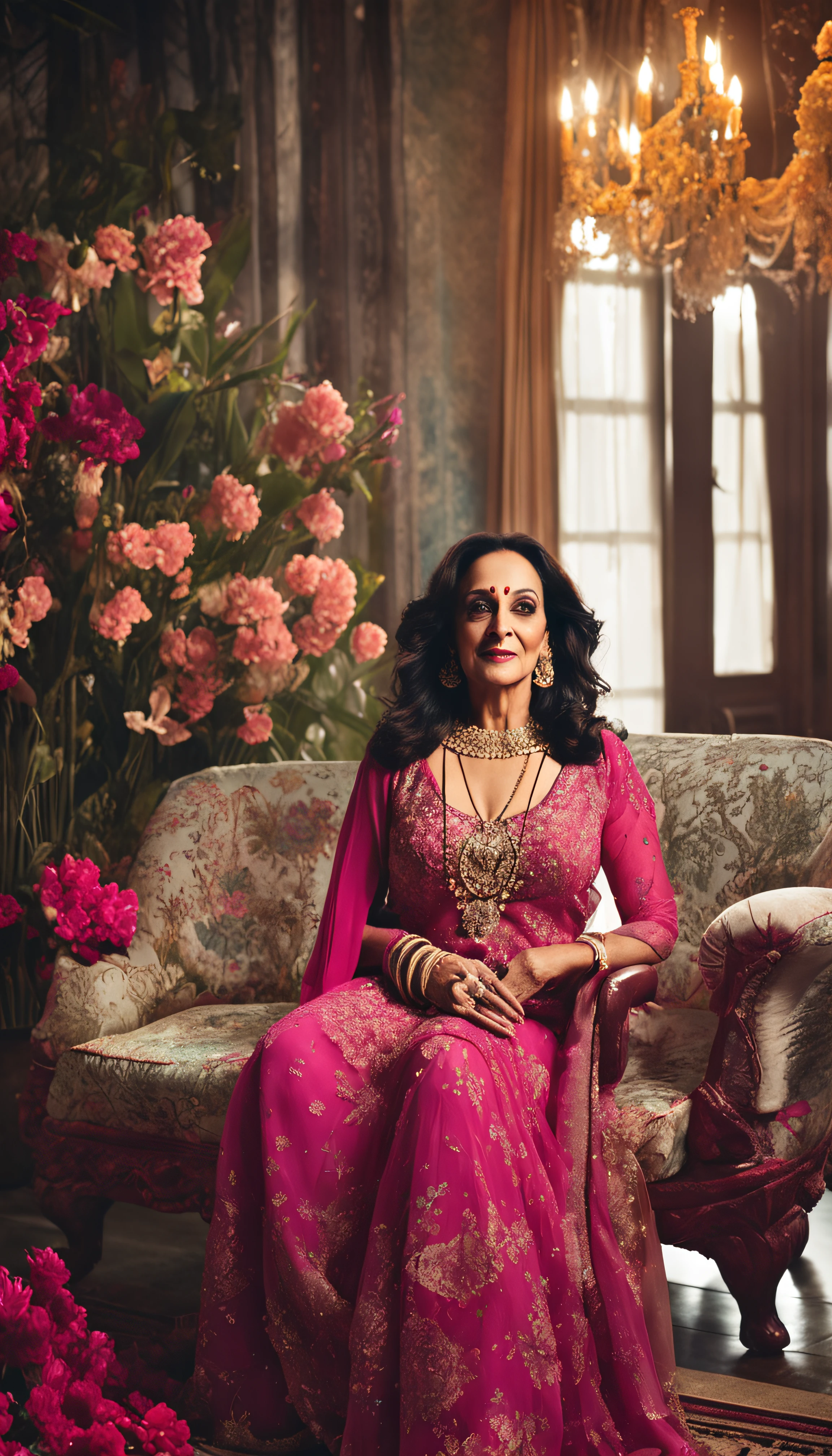 Bollywood Acress HEMA MALINI sitting on a couch in a room with flowers, HEMA MALINI as a mage, photo from vogue magazine, photoshoot, HEMA MALINI as a d&d wizard, gorgeous woman, stunning woman, * * *, high quality image, dreamy and ethereal, * * * * *, very magical and dreamy, gorgeous lady, hyper-realistic, + cinematic shot + dynamic composition, incredibly detailed, sharpen, details + superb details + evening with light + perfectionism + award winning realism ((moody lighting)), f/1.2, 50mm, Canon --75