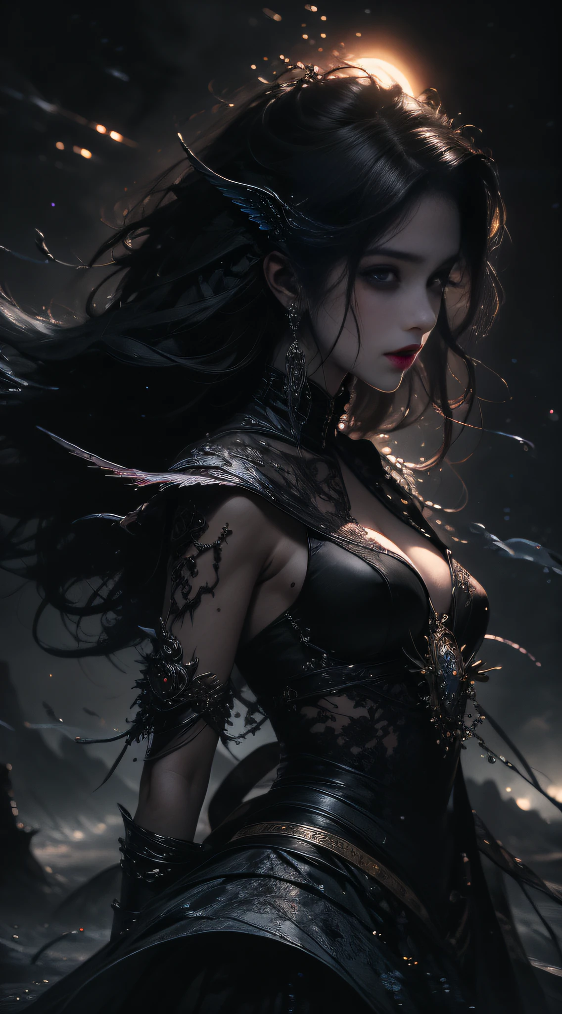 （（best qualtiy））， （（tmasterpiece））， （A detailed）， seductive succubus， （（His mouth was covered in blood）），（（Blood on the face）），（（ blood on body）），red eyes，black cloaths， blood spatter， Ethereal beauty， perched on a cloud， （Fantasy illustration：1.3）， a captivating gaze， captivating posture， delicate wings， otherworldly charm， mystical sky， （Luis Royo：1.2）， （Yoshitaka Amano：1.1）， a moonlit night， pastelcolor， （detailed cloudscape：1.3）， （A high resolution：1.2）