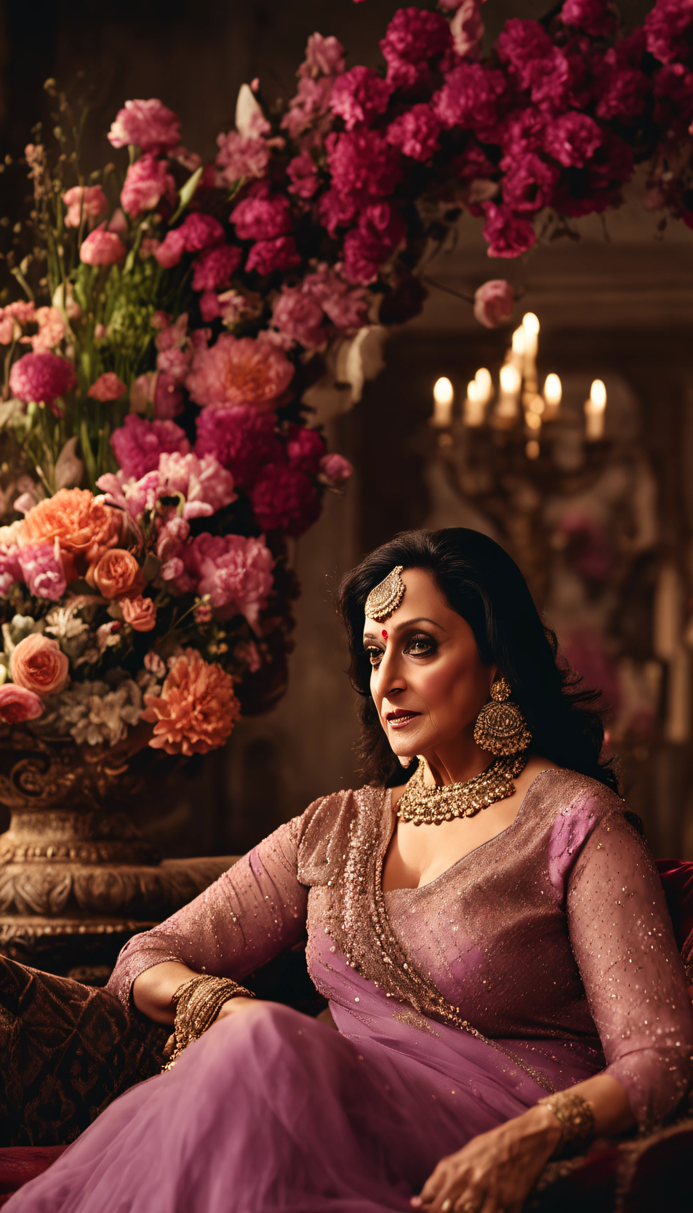 Bollywood Acress HEMA MALINI sitting on a couch in a room with flowers, HEMA MALINI as a mage, photo from vogue magazine, photoshoot, HEMA MALINI as a d&d wizard, gorgeous woman, stunning woman, * * *, high quality image, dreamy and ethereal, * * * * *, very magical and dreamy, gorgeous lady, hyper-realistic, + cinematic shot + dynamic composition, incredibly detailed, sharpen, details + superb details + evening with light + perfectionism + award winning realism ((moody lighting)), f/1.2, 50mm, Canon --75