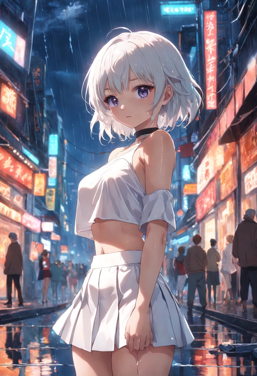 ((topless)), anime girl with short white hair and yellow eyes posing in a hallway, restaurant door, night, sidewalk, lamp post, outdoors, seductive anime girl, perfect white haired girl, attractive anime girl, beautiful anime girl, cute anime girl, girl with white hair, smooth anime cg art, pretty anime girl, anime style 4 k, anime best girl, anime girl, 4k anime wallpaper, denim shorts, medium breasts, masterpiece, necklace, smiling, navel, hands up, short hair, nipples, stomach, smartphone, erect nipples, people in background