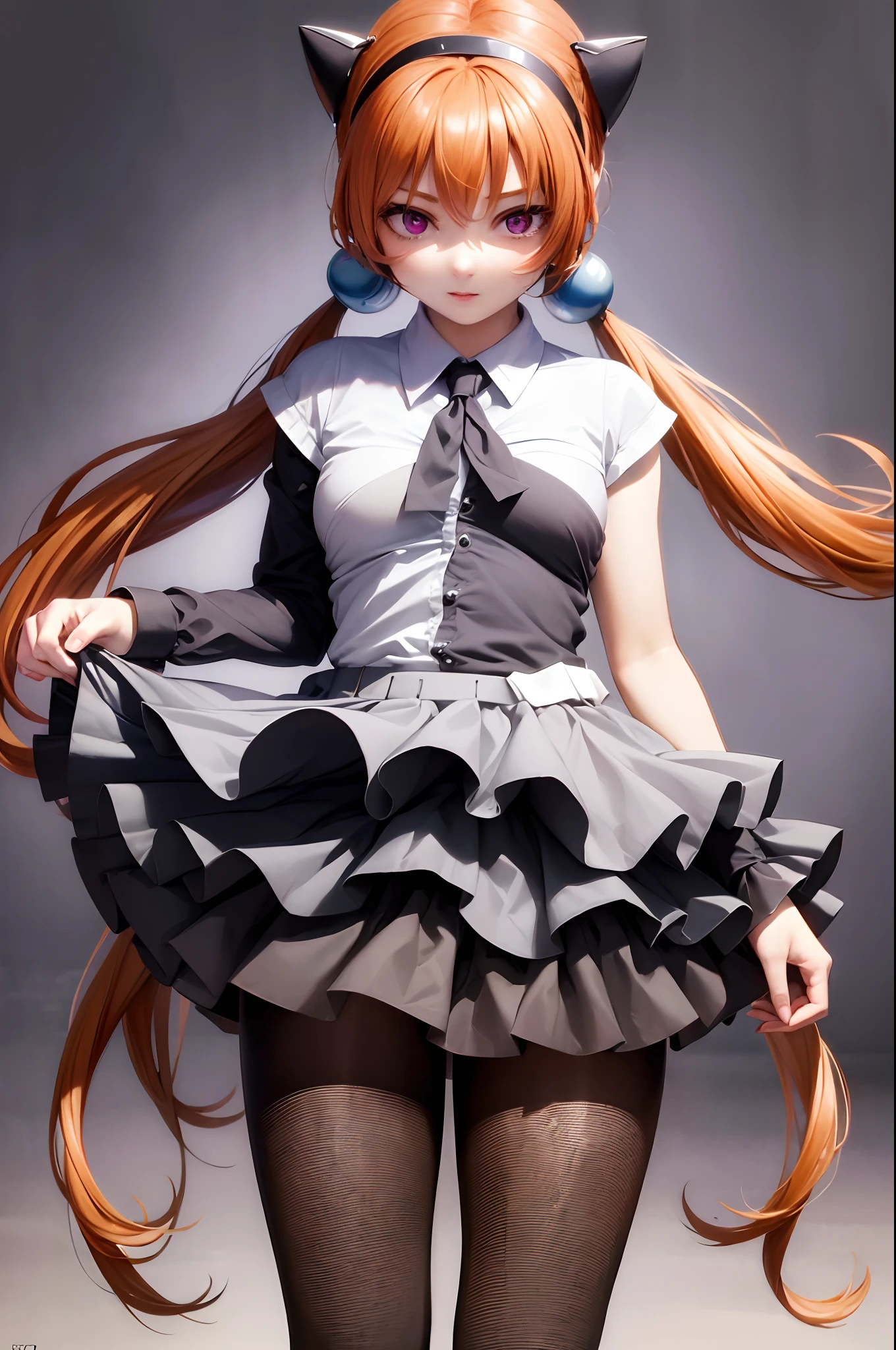 photorealistic, (hyperrealistic:1.2), beautiful, masterpiece, best quality, extremely detailed face, perfect lighting, full body, large breasts, wide hips, thick thighs, detailed eye makeup, detail face, nice detailed eyes, slanted eyes, heavy eye makeup, 1girl, long hair, (low) twin-tails, (Blue ball hair fastening), cute cheeky smile face, simple background, grey background, glossy orange hair, juicy thick thighs, full body, shiny skin, smooth skin, skinny body, (young:1.3), (flat chest:1), perfect anatomy, absurdly long hair, bangs, eyes visible through hair, twintails, brown hair, shiny hair, snowflakesdetailed cute anime face, no facial features, clear eyes, closed_mouth, flat chestbest quality, purple eyes, white skin, headband, extremely detailed CG unity 8k wallpaper, ultra detailed, extremely kawaii, LOOK AT THE VIEWER,  nsfw, boobs out