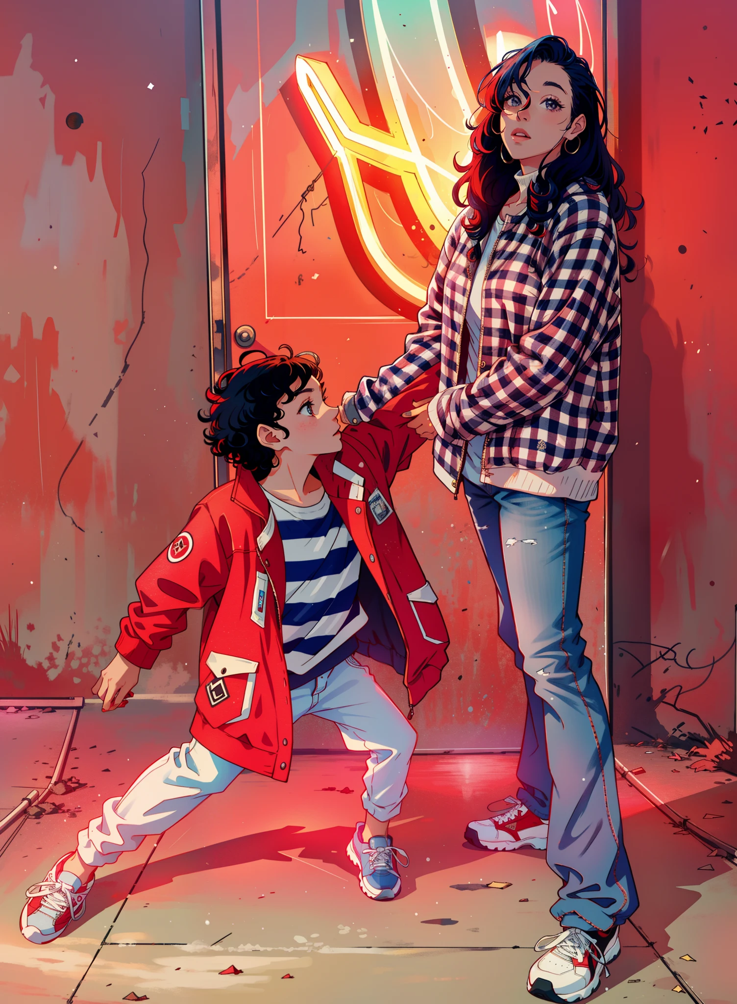 woman,Baby wearing a red down jacket,neonlight,The woman was wearing dark blue jeans,athletic sneakers,curlies