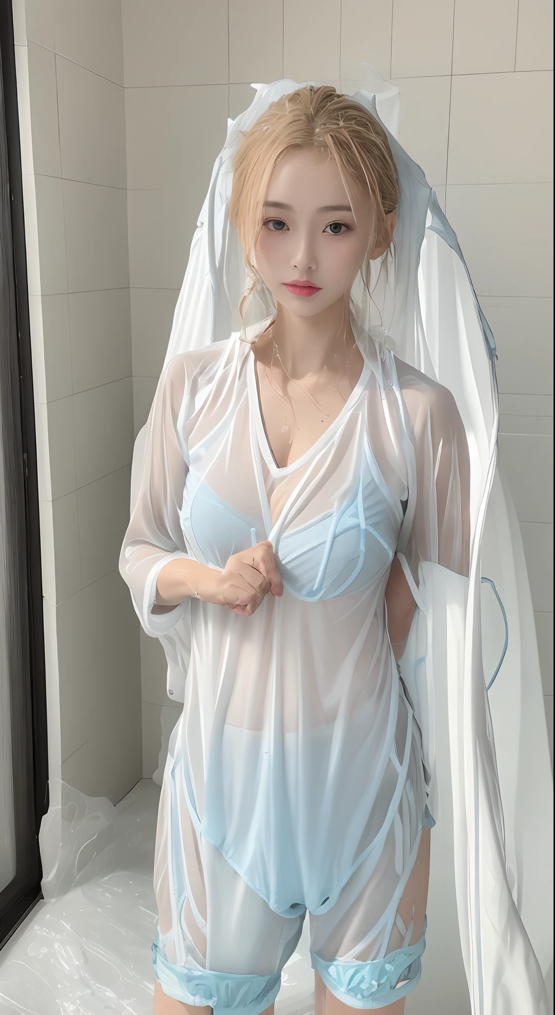 ((best qualtiy, 8K, tmasterpiece:1.3)), perfect figure beautiful woman:1.4, Protruding cleavage:1.5, (Beautiful breasts:1.2), (wetclothes:1.8) , Plain white T-shirt:1.1, A detailed eye, 二重まぶた,Whiten skin,long whitr hair