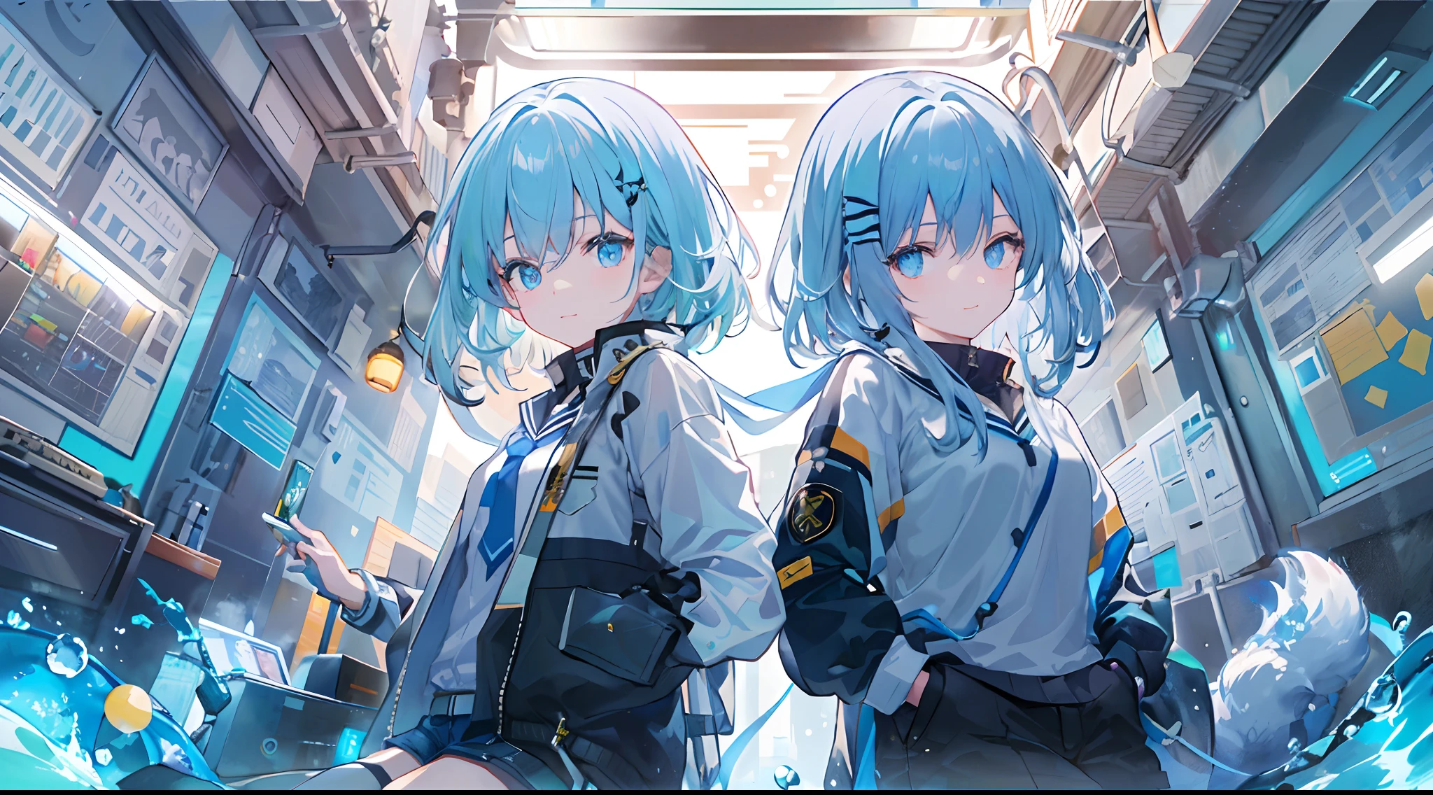 ((top-quality)), ((masterpiece)), ((ultra-detailliert)), (extremely delicate and beautiful), girl with, 独奏, cold attitude,((Black jacket)),She is very(relax)with the(Settled down)Looks,A dark-haired, depth of fields,evil smile,Bubble, under the water, Air bubble,bright light blue eyes,Inner color with light blue hair and dark blue tips,Cold background,Bob Hair - Linear Art, shortpants、knee high socks、White uniform like school uniform、Light blue ribbon ties、Clothes are sheer、Hands in pockets