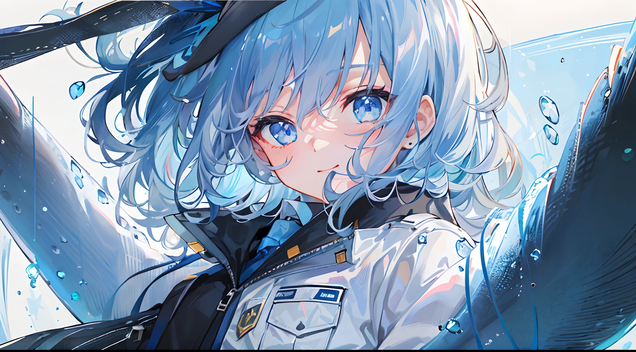 ((top-quality)), ((masterpiece)), ((ultra-detailliert)), (extremely delicate and beautiful), girl with, 独奏, cold attitude,((Black jacket)),She is very(relax)with the(Settled down)Looks,A dark-haired, depth of fields,evil smile,Bubble, under the water, Air bubble,bright light blue eyes,Inner color with light blue hair and dark blue tips,Cold background,Bob Hair - Linear Art, shortpants、knee high socks、White uniform like school uniform、Light blue ribbon ties、Clothes are sheer、Hands in pockets