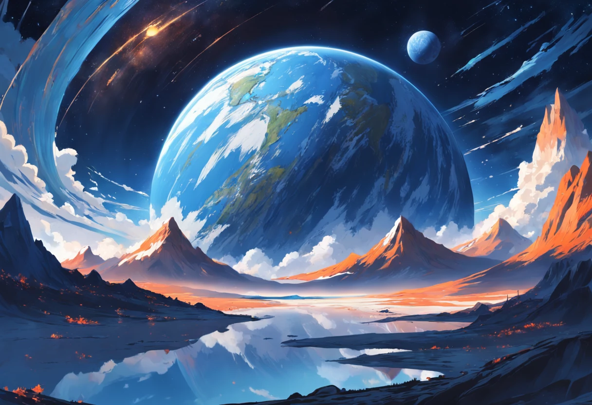 Blue Earth seen from the surface of the saturn, Masterpiece、realisitic, scenery