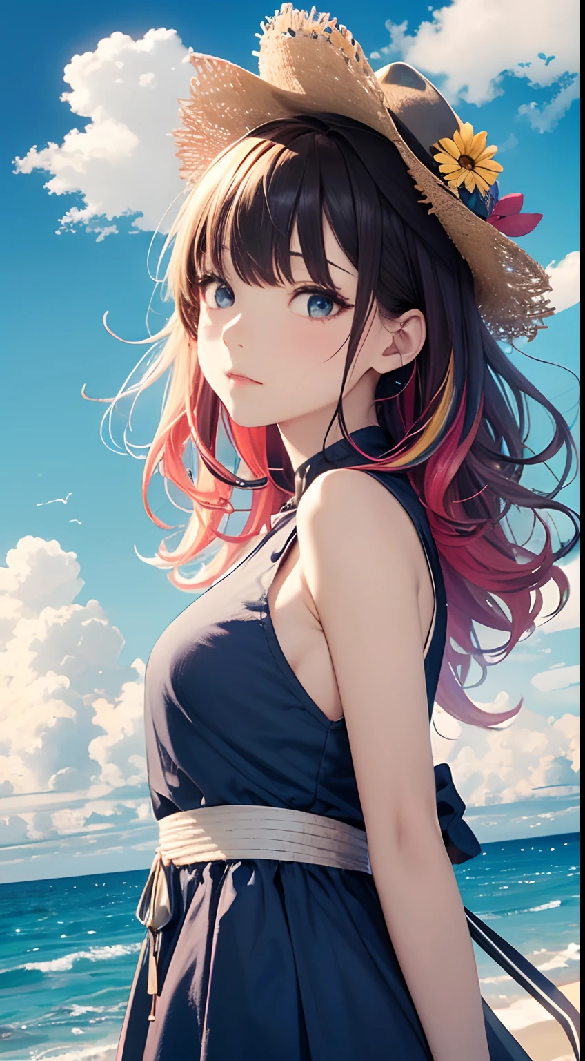 (Close-up of the painting style,8k ultra high definition,Masterpiece grade vista CG wallpaper)Magnificent sky,美丽细致的眼睛,cute girly,Perfect slim body,Colorful sleeveless dress,Pure eyes,Smooth skin,Walking on the beach,Background sky blank clouds,the sea,sandbeach,Multicolored shells。