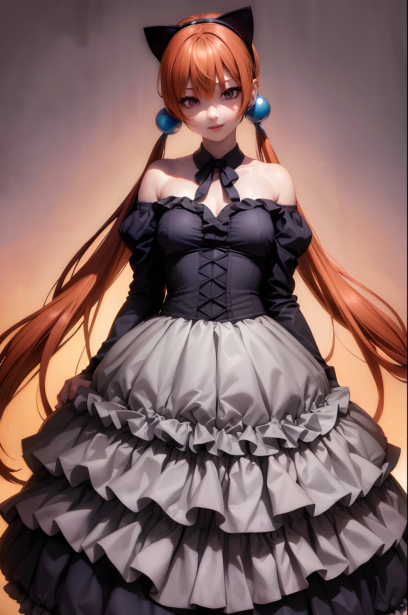 photorealistic, (hyperrealistic:1.2), beautiful, masterpiece, best quality, extremely detailed face, perfect lighting, full body, large breasts, wide hips, thick thighs, detailed eye makeup, detail face, nice detailed eyes, slanted eyes, heavy eye makeup, 1girl, long hair, (low) twin-tails, (Blue ball hair fastening), cute cheeky smile face, simple background, grey background, glossy orange hair, juicy thick thighs, full body, shiny skin, smooth skin, skinny body, (young:1.3), (flat chest:1), perfect anatomy, absurdly long hair, bangs, eyes visible through hair, twintails, brown hair, shiny hair, snowflakesdetailed cute anime face, no facial features, clear eyes, closed_mouth, flat chestbest quality, purple eyes, white skin, headband, extremely detailed CG unity 8k wallpaper, ultra detailed, extremely kawaii, LOOK AT THE VIEWER,  nsfw, boobs out