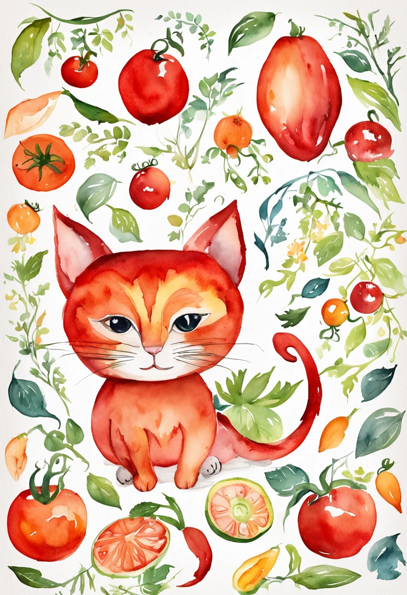 circular design, logo art, (red cat design with tomato),(on the table), fantasy, colorful, vintage, charming: white background, lowbrow art, digital illustration, radiant; gouache, 16k, minimalistic, doodle, CGSociety, solarpunk, crispy quality, sharp, bright, volumetric lighting, intricate, ample negative white space, as a logo,