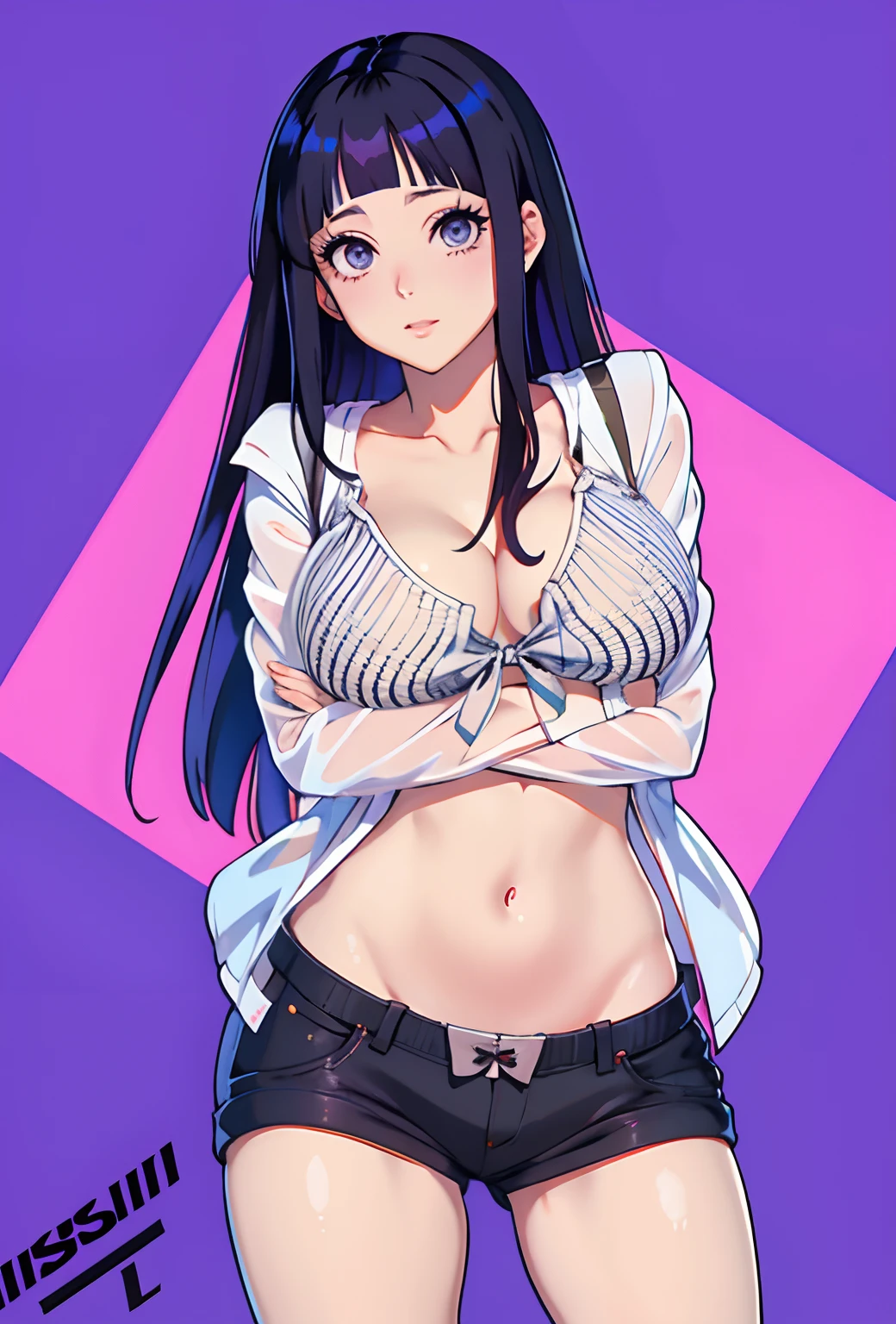 Menina anime com cabelo preto longo e uma camisa branca, hinata hyuga, hinata hyuga, Naruto, menina anime sedutora, de Naruto, CEL - Estilo Arte Sombreada, Estilo Anime ?????, Marin Kitagawa Fanart, Misato Katsuragi, Nezuko-chan, inspirado em Kusumi Morikage, decote profundo,( blusa 30% degree of transparency) short apertada, peitos grande (natural), pele macia.