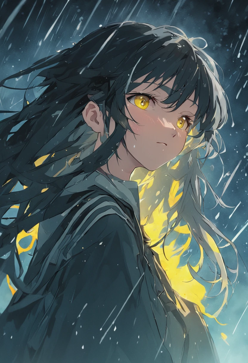 captain、yellow eyes、Dark hair、Cool woman、Hands on the head、Squinting at the rain spray、