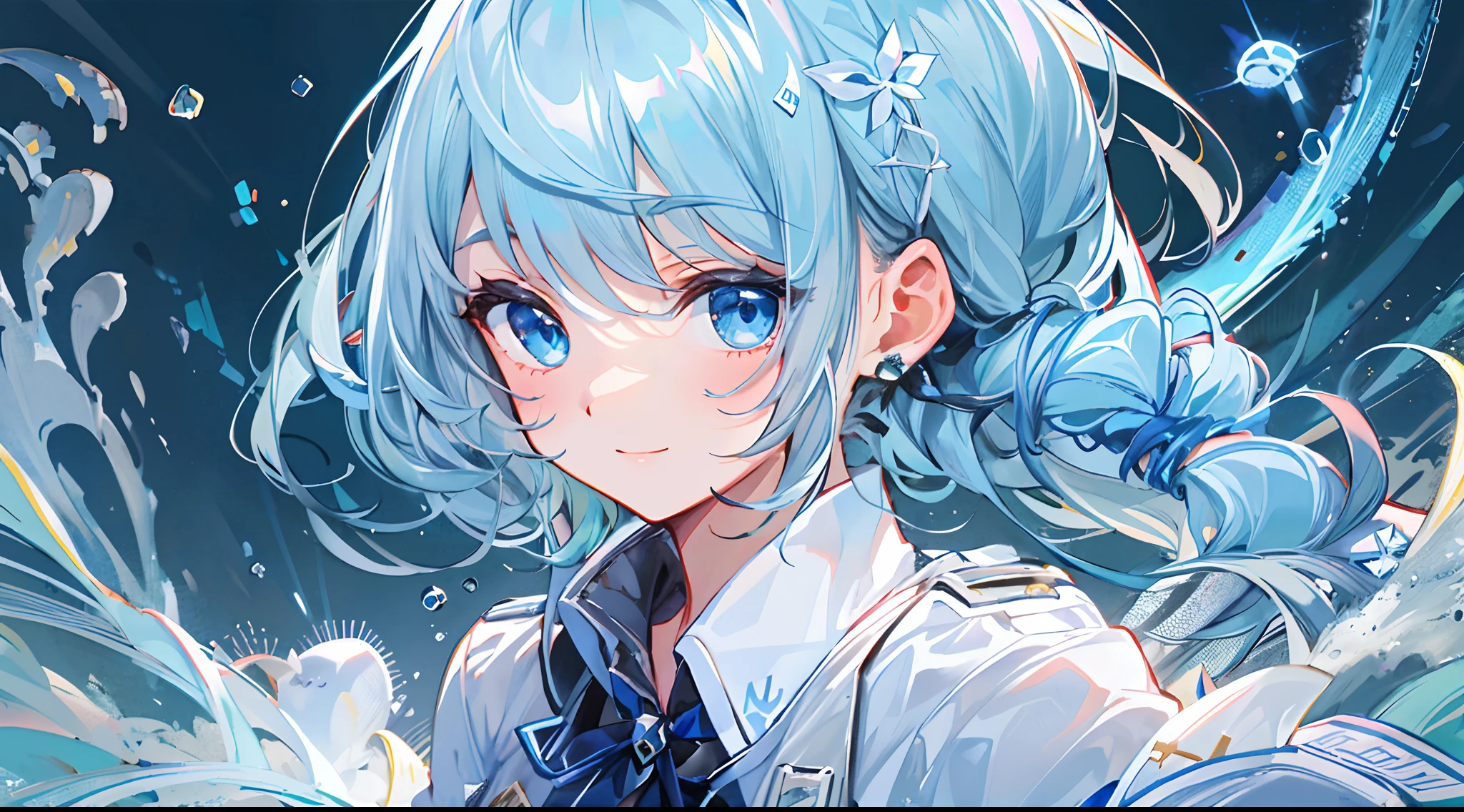 ((top-quality)), ((masterpiece)), ((ultra-detailliert)), (extremely delicate and beautiful), girl with, 独奏, cold attitude,((Black jacket)),She is very(relax)with the(Settled down)Looks,A dark-haired, depth of fields,evil smile,Bubble, under the water, Air bubble,bright light blue eyes,Inner color with light blue hair and dark blue tips,Cold background,Bob Hair - Linear Art, shortpants、knee high socks、White uniform like school uniform、Light blue ribbon ties、Clothes are sheer、Hands in pockets