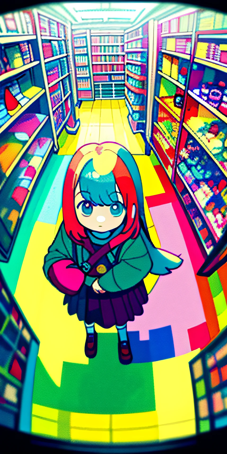 (masterpiece, best quality), (colorful:1.4), from above, solo, 1girl standing in a store with lots of stuffed animals on the shelves and a bag of stuff, depth of field, fisheye lens