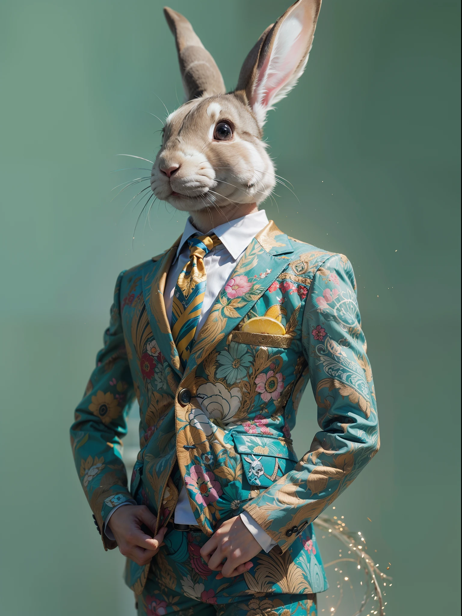 (Rabbit in luxury business suit、Upright rabbit、Humanoid rabbit、、Full body photo、Rabbit in a pose、Cool anthropomorphic rabbit)、​masterpiece, top-quality, in 8K , intricate detailes, ultra-detailliert , light Particle、32K Digital Paint, Hyper-Realism, Abstract background:1.3, colourfull:1. 3, Zentangle:1.2、