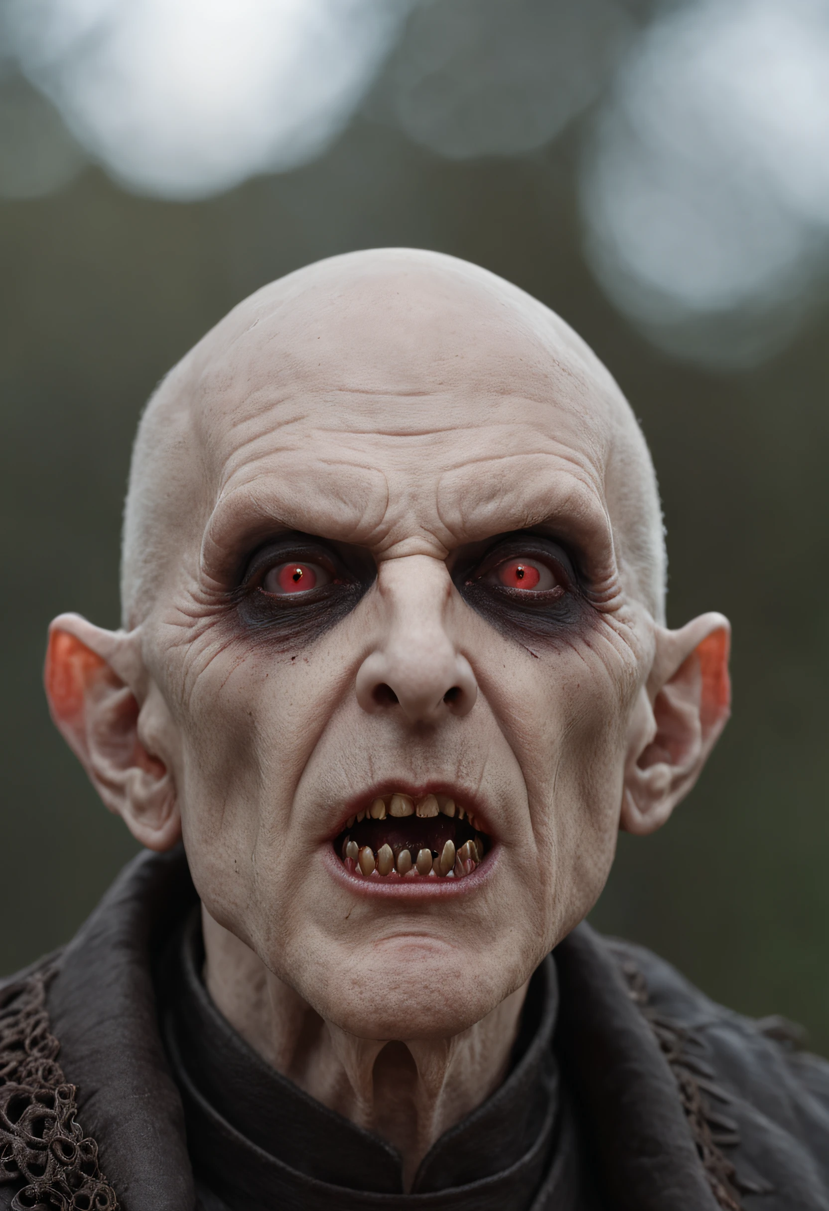 Horror-themed, <lora:Fright Night 1985 Film Style:1>
In black and white, Cinematic Medium Shot Film Footage captured by Panavision Cameras and Lenses, nosferatu vampire creature, Jerry a profile face view of a vampire with vampire teeth and vampire eyes lenses staring at his vampire hand, with a pencil in his hand, in a dark room, Fright Night 1985 Film Style, Eerie, unsettling, dark, spooky, suspenseful, grim, highly detailed