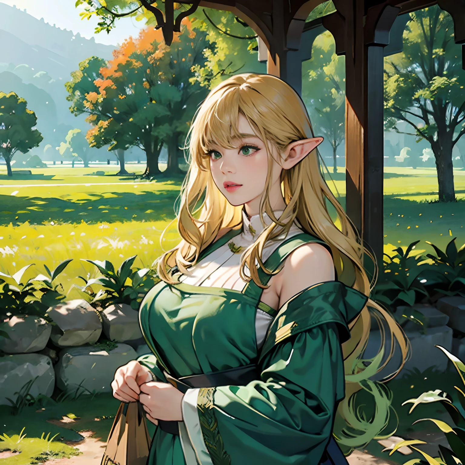 Women in Their 20s, offcial art, unity 8k wall paper, ultra-detailliert, beautifly、Aesthetic, masterpiece, top-quality, Photorealsitic, Female Elf、Dark green eyes、Long blonde hair、Pointed ears、Dark green costume、golden hair ornaments、Big magic wand:2.0、Big bag、depth of fields, Fantastic atmosphere, Calm palette, tranquil mood, Soft shading、Ruins in the forest、Ruins covered in vegetation、Crumbling stone statue、Green Tree々、Beautiful Landscapes、bbw、very large breast、plump figure、Hareful:1.5、a squirrel:1.5
