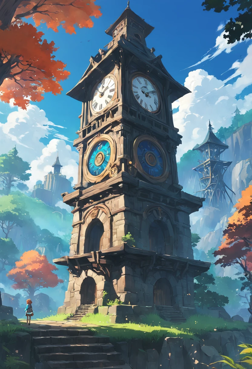 estilo botw, A clock tower standing in a small town within the forest