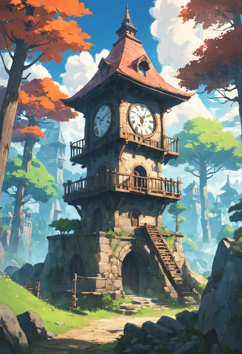 estilo botw, A clock tower standing in a small town within the forest