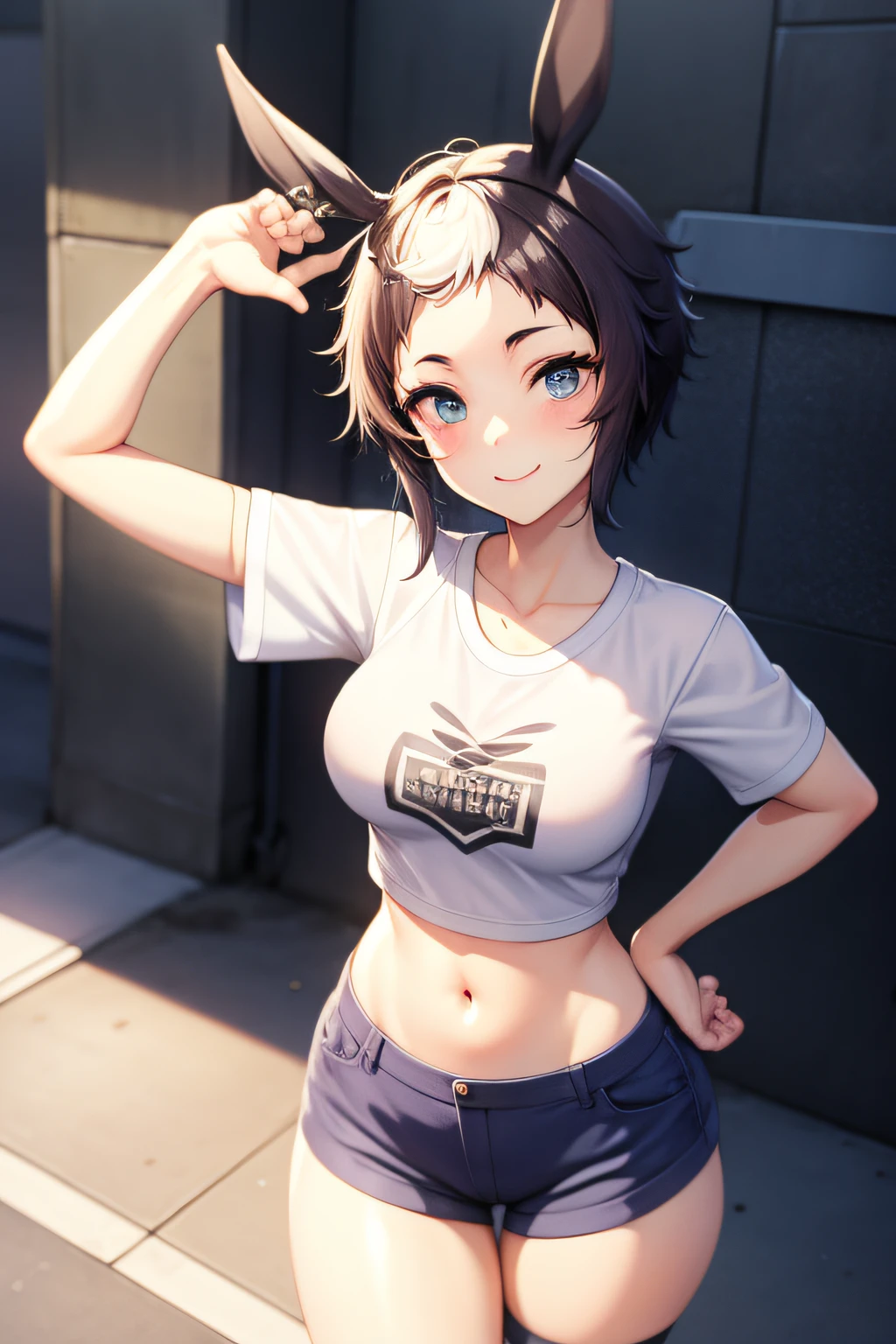 masterpiece、top-quality、1girl in、is standing、a smile、big boob, Thin leg、TThe shirt+hotpants