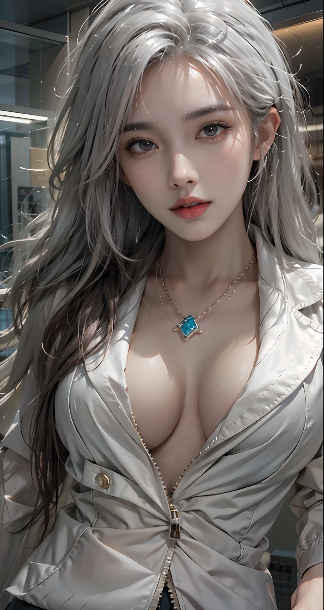 photorealistic, high resolution, soft light,1women, solo, hips up, shining skin, (detailed face),tattoo, jewelry, grey suit, open jacket, office lady, suit, pants, thick ass, from behind, night, white hair, wavy hair, Beautiful Soldier, Eyes That Invite Viewer, Lover's Perspective, Inviting Expression, Sexy Smile, Perfect Style, Perfect Balance, Detailed Skin, Naughty Gaze, Chest Visible