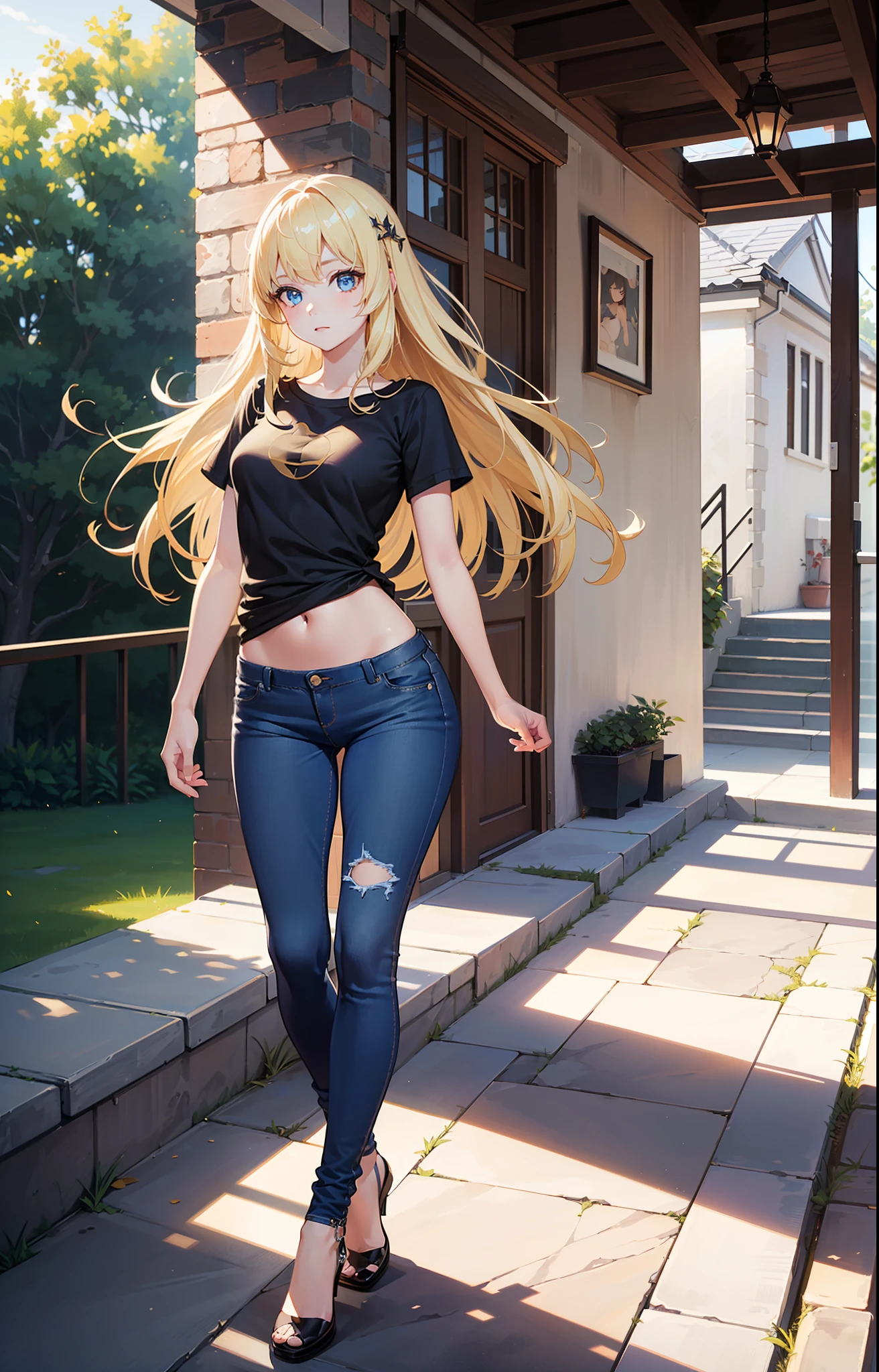 masterpiece, extremery magnificent view, perspective, extremery best quality, extremery detailed CG, 8k wallpaper, high resolution, highly detaiiled face, highly detailed eyes, perfect anatomy, super detailed skin,
(dynamic angle, dynamic pose:1.2), outdoors, park, tree and lake, (portrait, legs focus, full body), (beautiful face, beautiful eyes, beautiful legs:1.3),
1 girl, solo, (t-shirts, skinny jeans:1.3), medium breasts, blonde hair, medium hair, floating hair, straight hair, blue eyes, (navel, :0.8), skinny, slender, big hip, thin waist