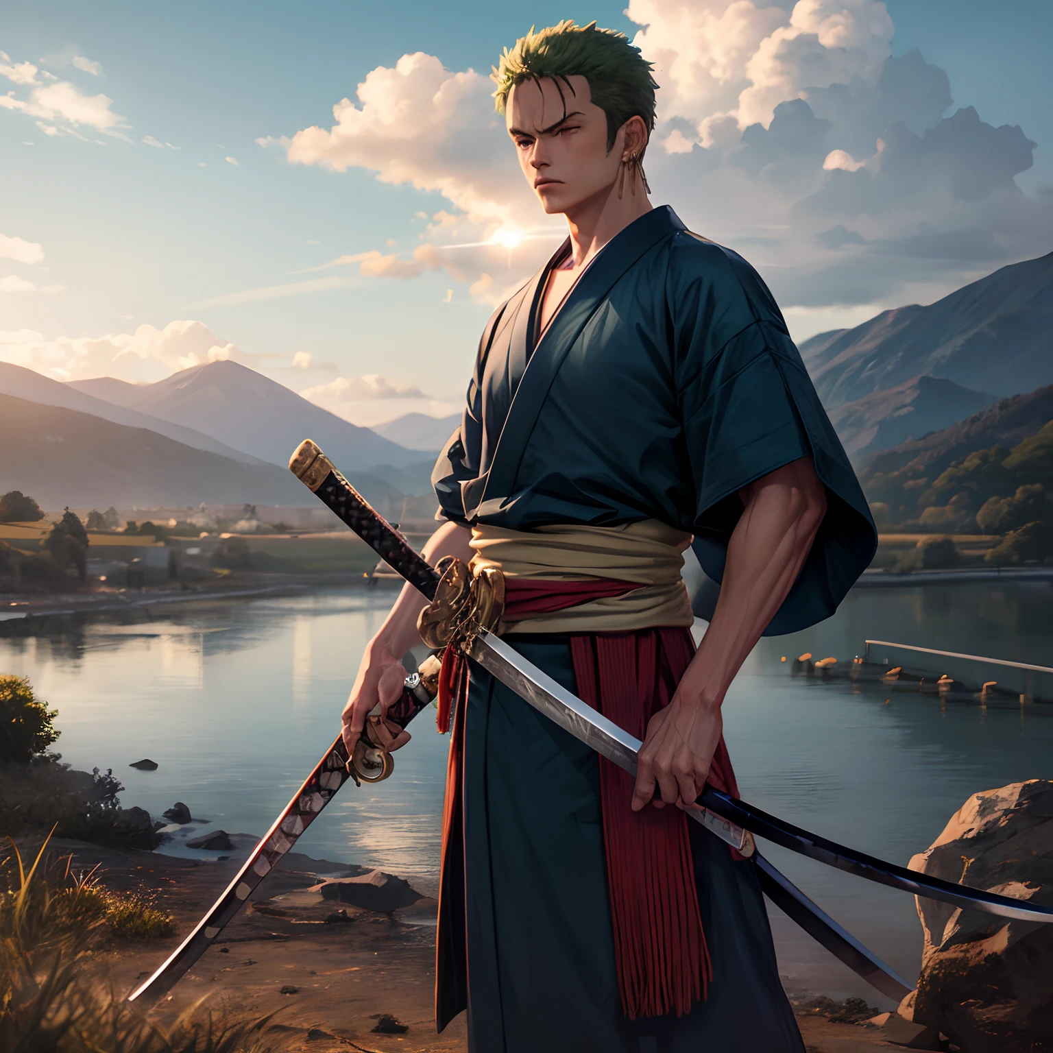 Roronoa Zoro (Masterpiece, 4k resolution, ultra-realistic, very detailed), (Theme of white samurai, charismatic, there is a swordsman next to a Japanese "isakaya" bar, wearing a blue kimono with cloud details on the "obi" track, he is commander of the first division of the leader of the mugiwara band, work "One Piece"), [ ((19 years), (short green hair:1.2), full body, (blue eyes:1.2), ((Roronoa Zoro's pose), show of strength, unsheathing with one hand his katanas enma), ((Japanese rural environment):0.8)| (rural landscape, at dusk, dynamic lights), (blinded sun)), 1 katana]. # Explanation: Prompt mainly describes a 4k painting of ultra-high definition, very realistic, very detailed. It shows a swordsman, master of the Santoryu style of katanas, wearing a blue kimono with cloud details at the waist band. The subject in the painting is a subject of a white swordsman, holding with one hand his black katana enma, the male protagonist has short green hair, is 19 years old and his entire defined body is shown in the painting, with characteristics of pumped endomorph.