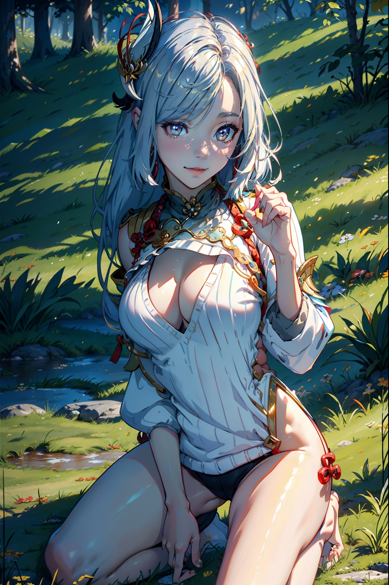 Masterpiece,Best quality,offcial art,Extremely detailed Cg Unity 8K wallpaper,1girll, 超高分辨率, (Photorealistic:1.4),Lower lens， 1girll， perfect hand，delicated，Chest moles，beautifullegs，Absolute realm，White color hair，Sweaters，long sweater，Tight sweater，Cover your hips，cleavage，Bright，grassy fields,（Very small nose，Cancel the nostrils，Cancel the nose），Delicate faces，ssmile，eyeline，Lower perspective