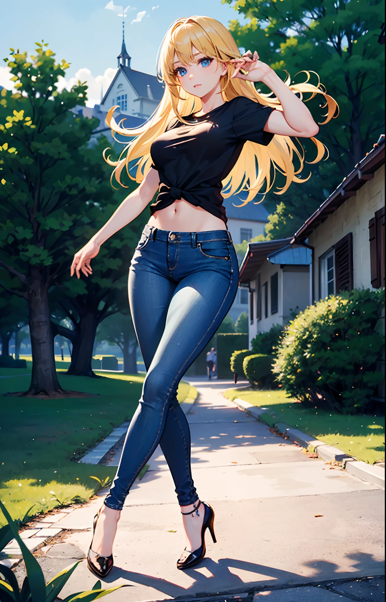 master part, extremery magnificent view, perspectiva, extremery melhor qualidade, CG detalhado da extremidade, Papel de parede 8K, high resolution, rosto altamente detaiiled, olhos altamente detalhados, anatomia perfeita, Pele super detalhada,
(Dynamic angle, dynamic pose:1.2), ao ar livre, parque, tree and lake, (retrato, Foco nas pernas, corpo inteiro), (beautiful face, Olhos bonitos, beautiful legs:1.3),
1 girl, sozinho, (camisetas, skinny jeans:1.3), medium breasts, blonde hair, medium hair, cabelos flutuantes, Cabelos lisos, olhos azuis, (umbigo, :0.8), magro, delgado, quadril grande, cintura fina