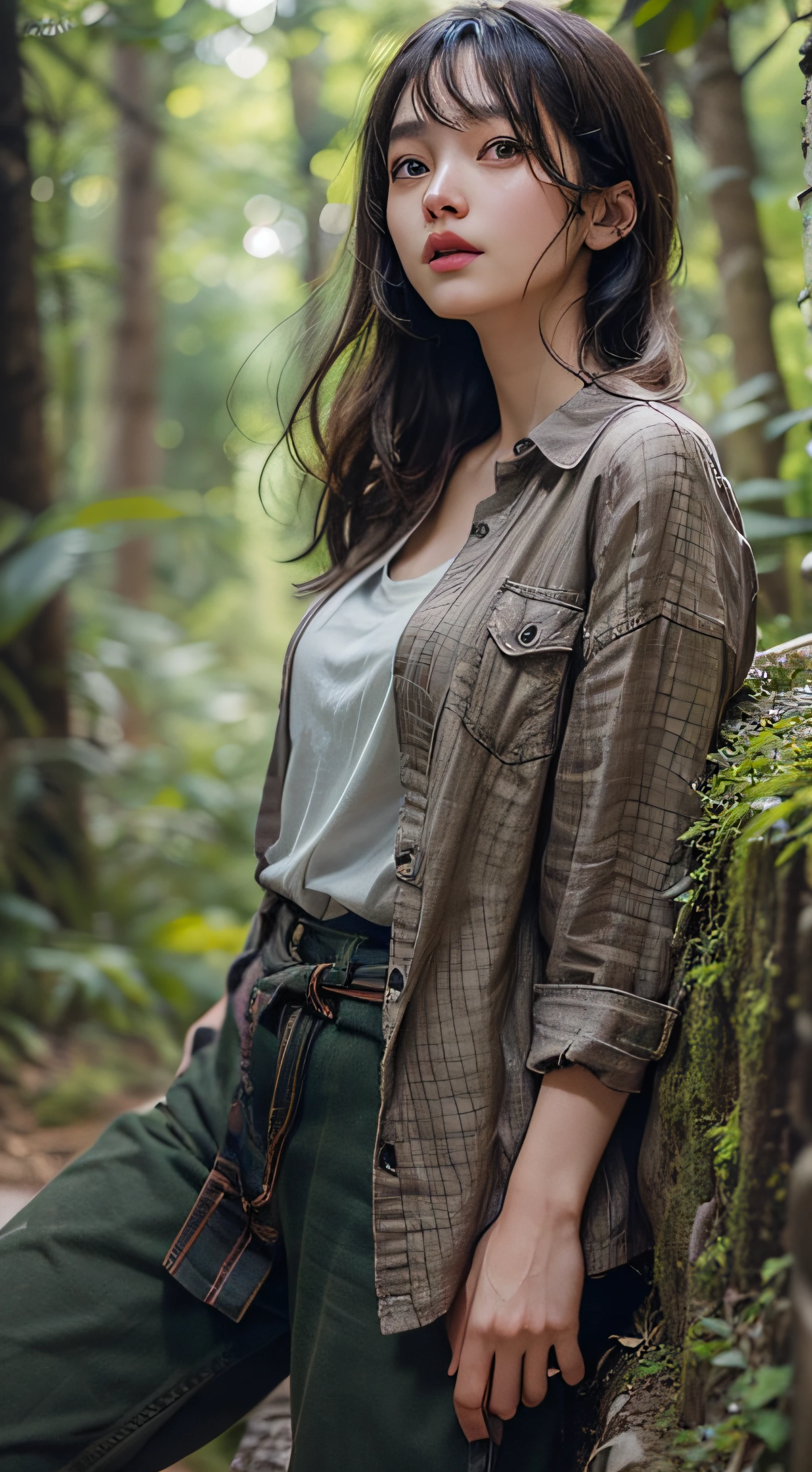 A beautiful woman enjoying a camping experience, medium: hyper-realistic photography, style: Japanese aesthetic with a touch of natural wilderness, lighting: soft and cinematographic, illuminating her face and the surrounding nature, colors: earthy tones with a blend of greens and browns, composition: Canon EOS 5D Mark IV DSLR camera, EF 85mm f/1.4L IS USM lens, Resolution 8K, ISO sensitivity: 100, Shutter speed 1/125 second, facing the camera, slender body, black-colored eyes, short-cut black hair, wearing a casual Y-shirt, background featuring a serene forest setting, not tilting her head, highly detailed face and eyes, ultra-detailed photography --ar 16:9 --v 5.1 --style raw --q 2 --s 750
