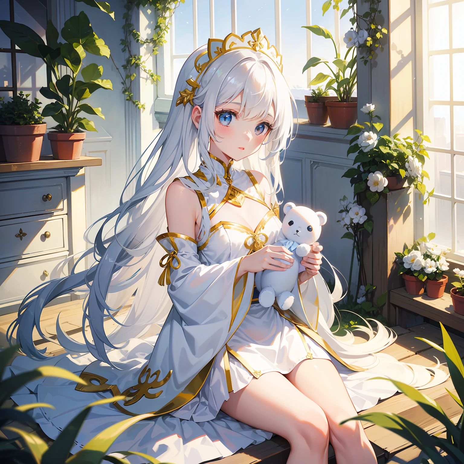 Long snow-white hair,Poor breasts, flatchest, Small breasts,Wear white clothes that match light sky blue,And decorated with gold ornaments,Clothes are not revealing,The whole looks cute ,This is a cute girl of the loli type,hng teddy bear,In a sun-drenched greenhouse flower shed,Rich in detail,Need,nice hand,Hand detail