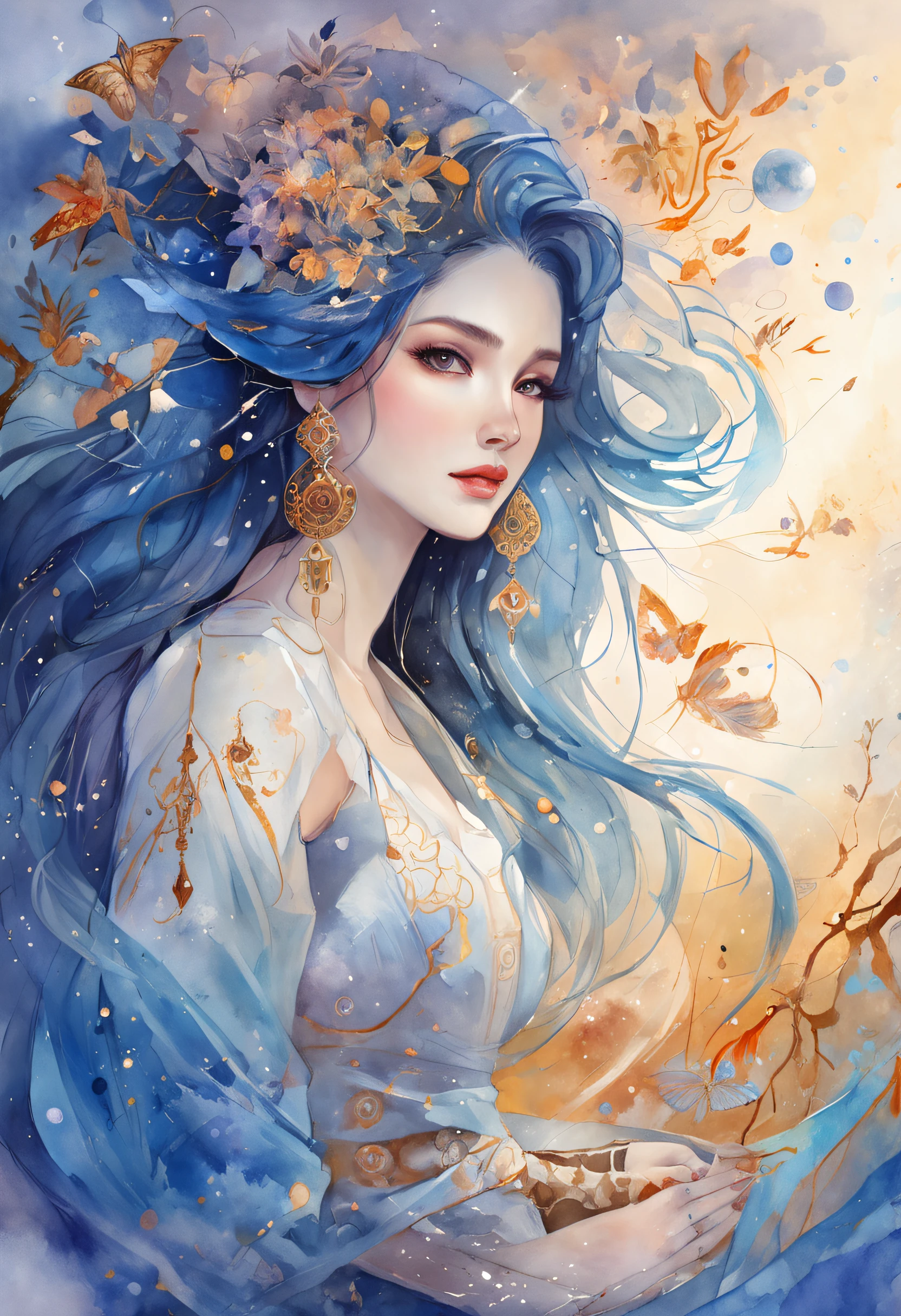 (masterpiece, top quality, best quality, official art, beautiful and aesthetic:1.2), girl, detailed face, long black hair, full body, blue shirt with high collar, violet corset, long blue skit, celestial, cosmic, extremely beautiful, high detailed, (galactic in background), luminous effects, highest detailed, floating particles, ancient runes, geometric patterns, V0id3nergy , mana, shadows, epic atmosphere