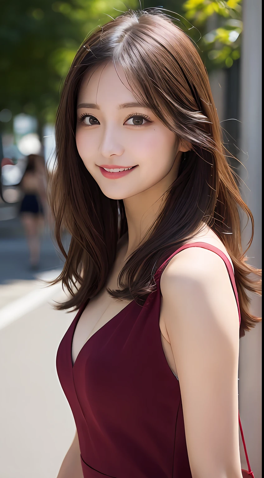 masutepiece, Best Quality, Illustration, Ultra-detailed, finely detail, hight resolution, 8K Wallpaper, Perfect dynamic composition, Beautiful detailed eyes, Glamorous summer dresses,Medium Hair, mid-chest, Natural Color Lip, Random and sexy poses,Smile,Aoyama Street Walk、20 years girl