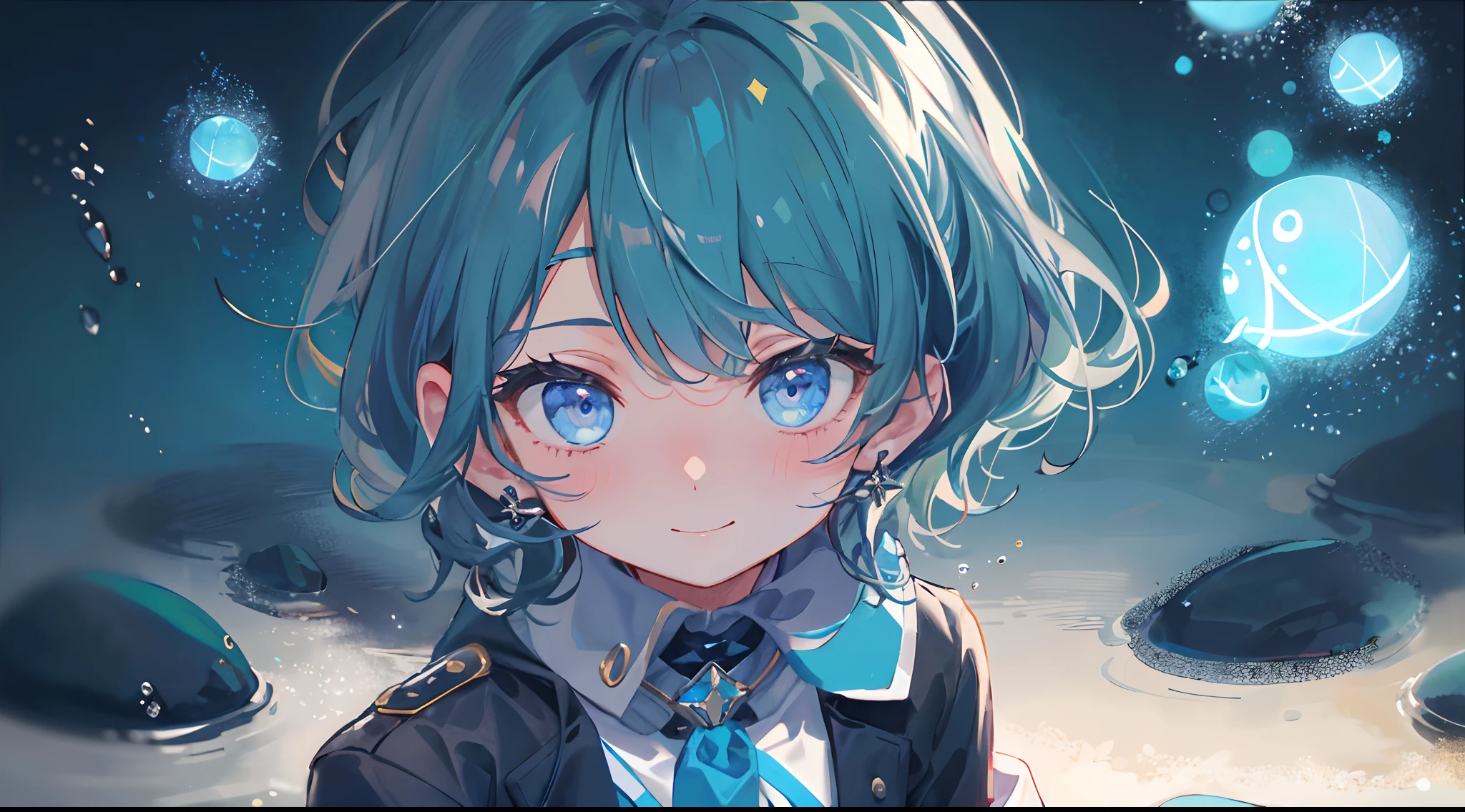 ((top-quality)), ((​masterpiece)), ((ultra-detailliert)), (extremely delicate and beautiful), girl with, 独奏, cold attitude,((Black jacket)),She is very(relax)with  the(Settled down)Looks,A dark-haired, depth of fields,evil smile,Bubble, under the water, Air bubble,bright light blue eyes,Inner color with light blue hair and dark blue tips,Cold background,Bob Hair - Linear Art, shortpants、knee high socks、White uniform like school uniform、Light blue ribbon ties、Clothes are sheer、Hands in pockets