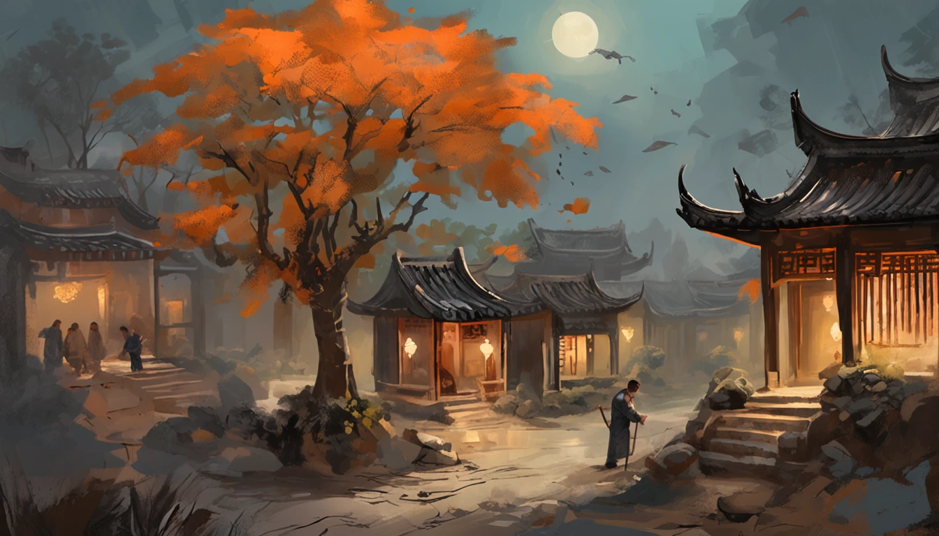 (Microlandscape:1.8,Faraway view,High viewing angle lens),Antique game scene design,A corner of the ancient town of Jiangnan,Black night sky,the night,starrysky,Lanterns,big trees,florals,Flowers in the bushes,Trees bloom,Sakura architecture,Antique carved door beams,Chinese ink painting OC rendering sculpture