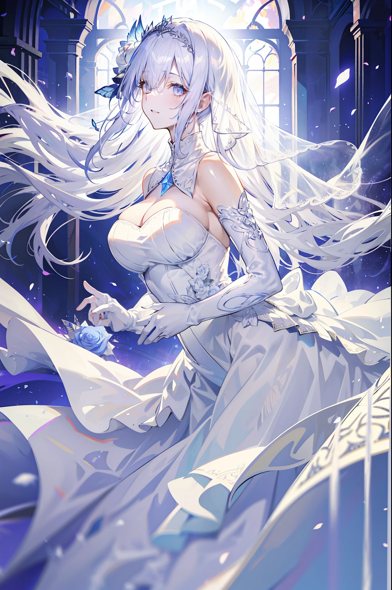 Paradise in Heaven, White lighting,(muste piece), (best quality), (cinematic), 8K, (art station),(長いwhite hairとSilvery eyesを持つ1人の女), (beautiful delicate face)、[Frozen trees々], [landscape crystal], [lighting], [Ethereal Atmosphere:1.1], [fantasy, short story] ,[soft なlighting] 、(+cinematic shot:1.2)、 [+art station] 、[+luminous white background] 、 [soft glow] 、(Creative and dynamic angles:1.3), [+Crystal Toning] 、muste piece, very detailed, Super detailed, solo, (pale skin), Silvery eyes, white hair, (snow background), (snowflake rosen flower:1.0), (shining crystal), (Snowy ground), (White lashes), sexy woman、dreamy and detailed, Gorgeous setting, 妖しい雰囲気 muste piece, The most beautiful scenes, majestic、(((full of white flowers)))、quiet and serene atmosphere、attractive, all white tones,Inside the crystal library,Transparent flowers and falling snow，Many white roses are planted,(water flowing,waterfall,water bloom),The decoration is also carefully done.,dream（very detailedです，creative design，crisp and precise lines，K HD，best quality，master piece，超High resolution，In 4K）、Diverse poses、((beautiful white flower hair ornament))、beautiful hairstyle、(best quality, In 4K, 8K, High resolution, muste piece:1.2), Super detailed, detailed expression, graceful posture, expressive brush strokes, mysterious atmosphere, artistic interpretation,Delicate floral jewelry， (((Detailed design、beautiful transparent dress、Sheer sexy dresses)))、(SFW:1.5), (oversized breasts, best body proportions, proportions of large breasts,:1.5),(white decoration on thigh)、((Beautiful crystal accessories on the legs))。((Beautiful crystal accessories on the arm))