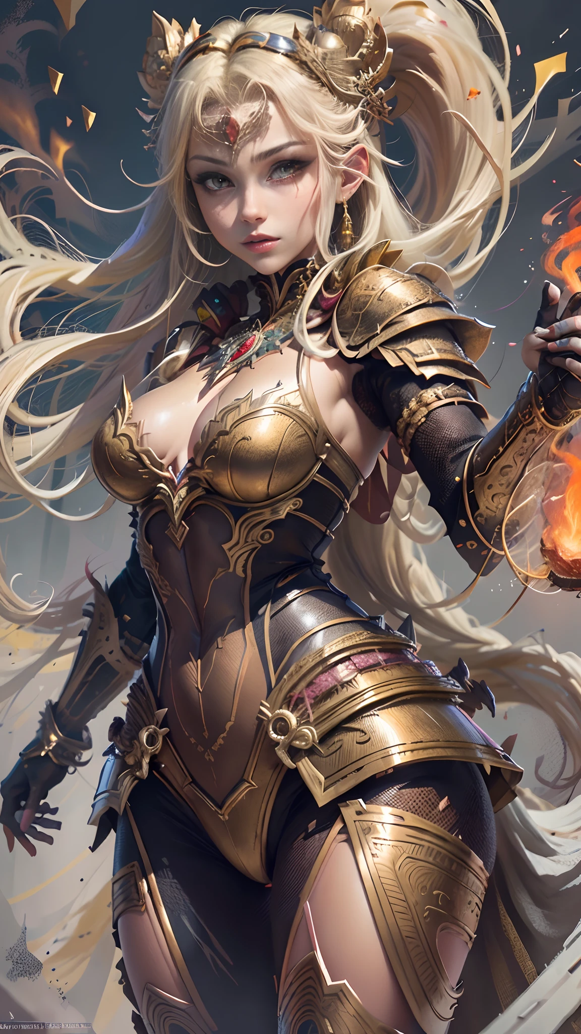 Tips: (Masterpiece), in full gold Knight armor, Top Quality, Expressive Eyes, Perfect Face, Red skin, Feathers on Legs and Arms, Monkey woman, fire magic, Charm palm spell, 8k_wallpaper, highly detailed eyes, details very tall body, very detailed fingers, (digital art masterpiece), (detailed manga illustration), (detailed line art), (perfect)) anatomy, best hands)), (intricate detail: 1.3), (highly detailed: 1.3 ), (illustration :1.3), (sharp focus:1.3), (natural light:1.05), (bright color:1.3),