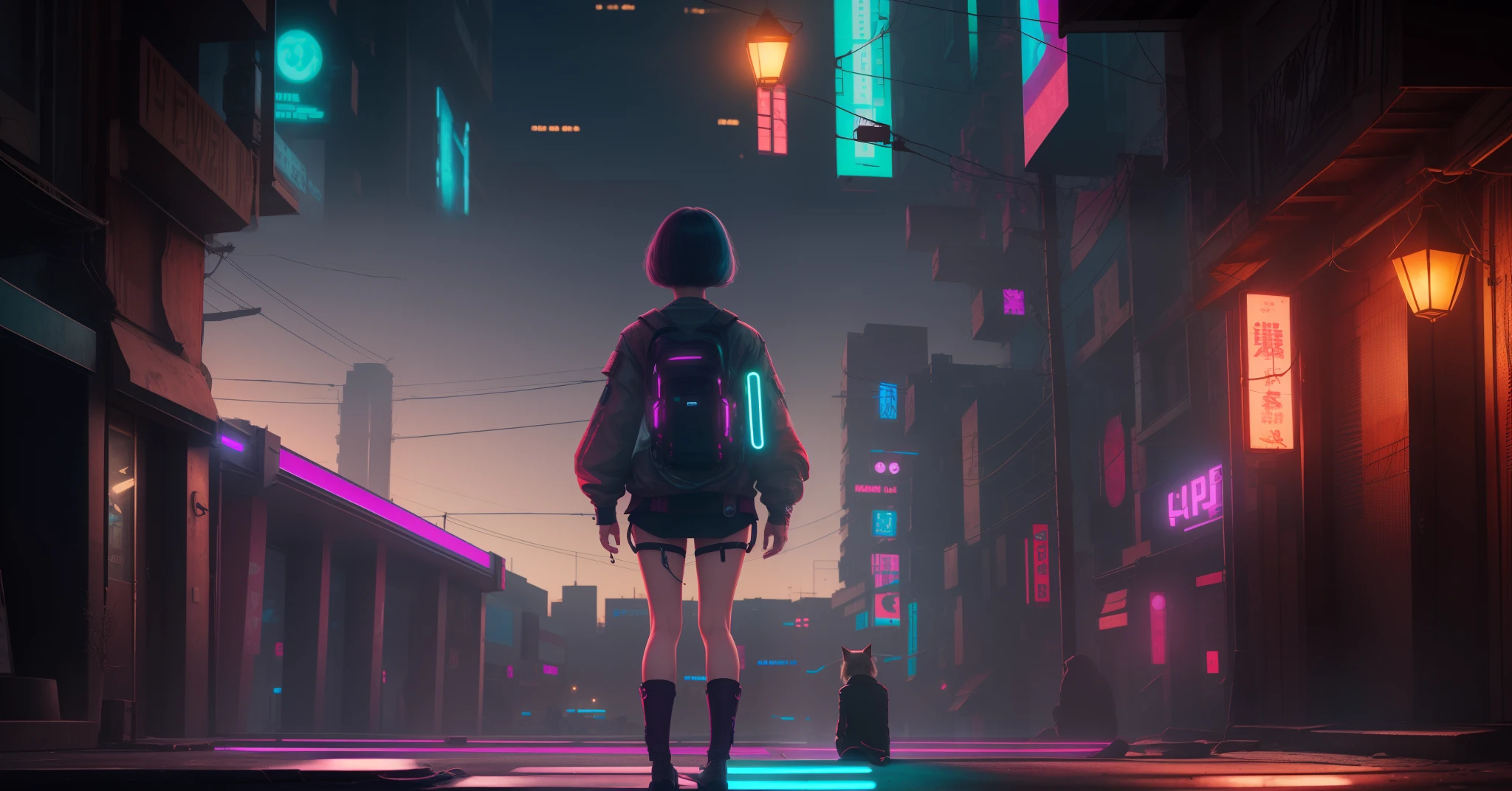 Super Resolution, (Realistic: 1.3) 1 Girl, Cyberhan, Cyberpunk City, Night, Neon, Lantern, Solo, Delicate Face, Delicate Eyes, Short Hair, Cat, Full Body, Back, Back to the Audience