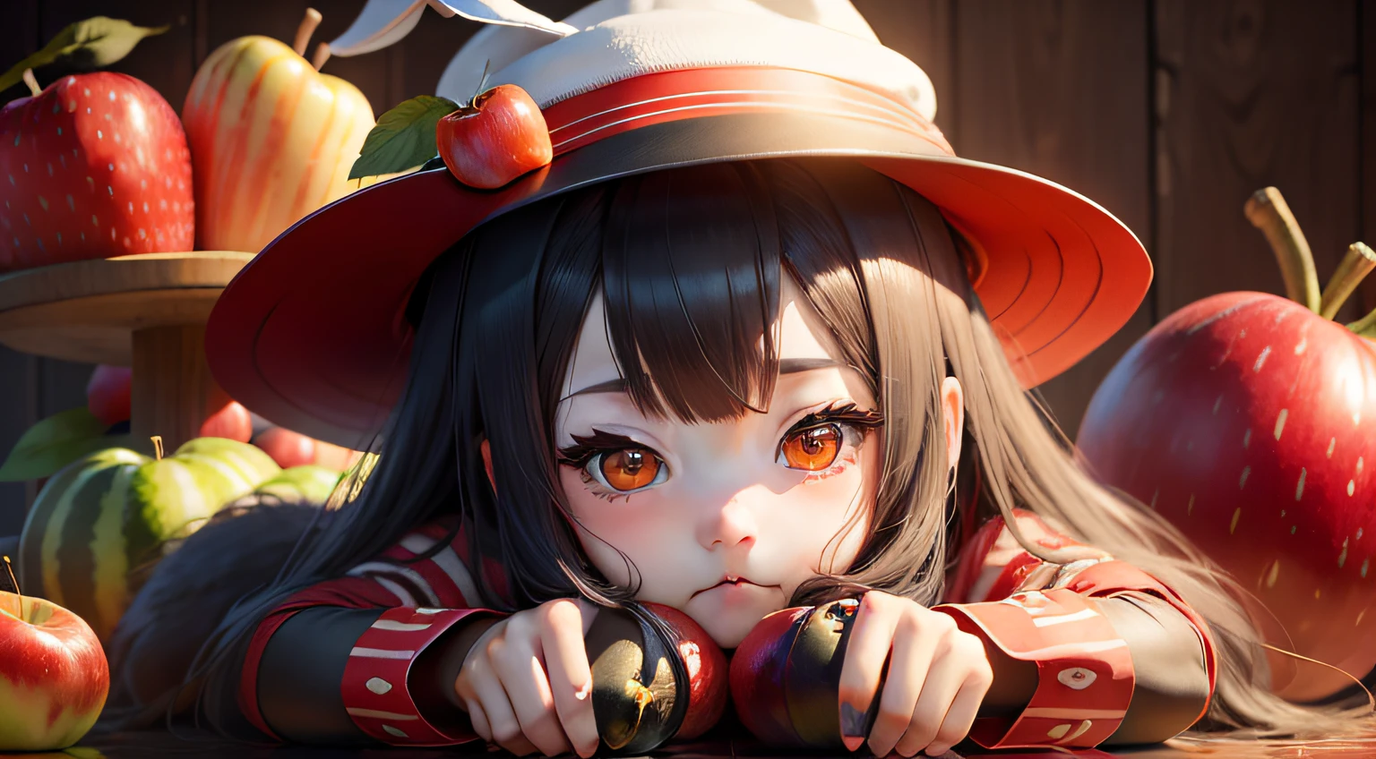 : 3。Steel Rabbit、realisticlying、Furry animals、apples、dark circles、Be red in the face、cherrie、food、the fruits、full bodyesbian、Hats、Non-human、morango、tomato、water melon