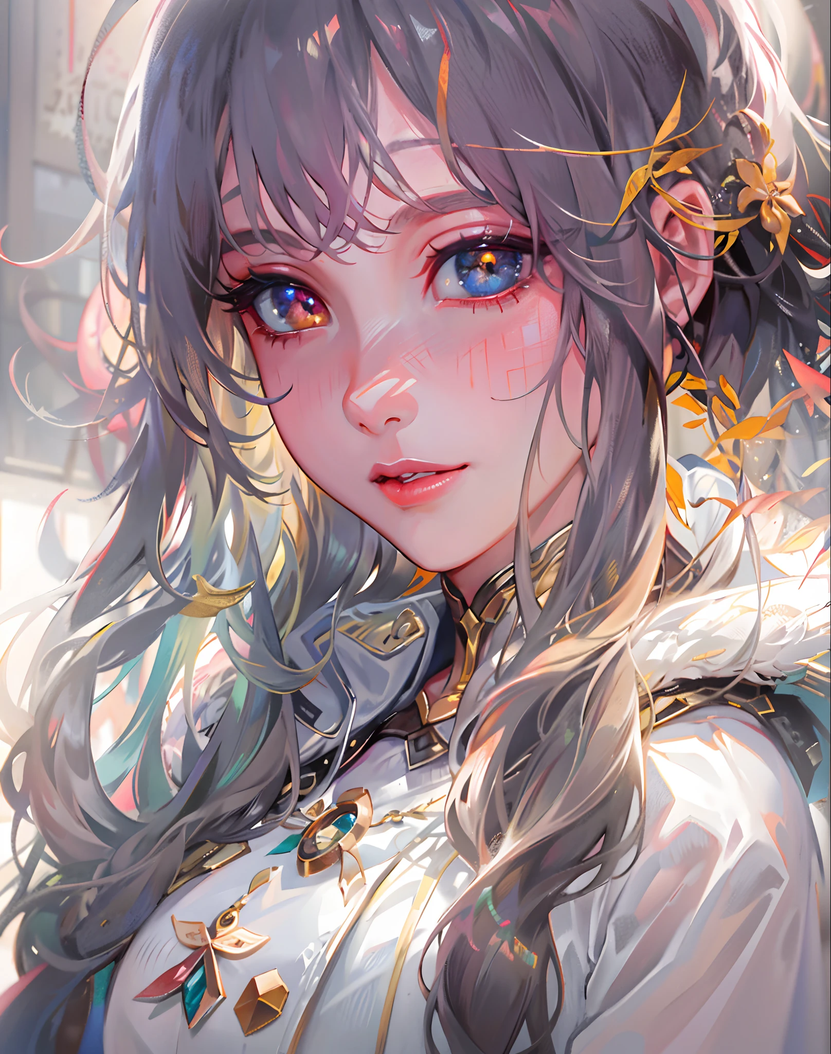 {{Masterpiece}},Best quality at best,Very detailed CG unity 8K wallpaper,Sweet Chinese girl,电影灯光,lens flare glow,beatiful detailed eyes,Close-up,facial closeups,eye closeup,black in color,side looking,multicolour hair,Colorful light,particulate,Heterochromia,(a color:1.5),(The color hair:1.5),perfect bodies,Perfect face,fashionable attire,clothes see-through,There is light in the eyes,Colored shiny spots,Bright eyes,Smile sweetly,Blushlush